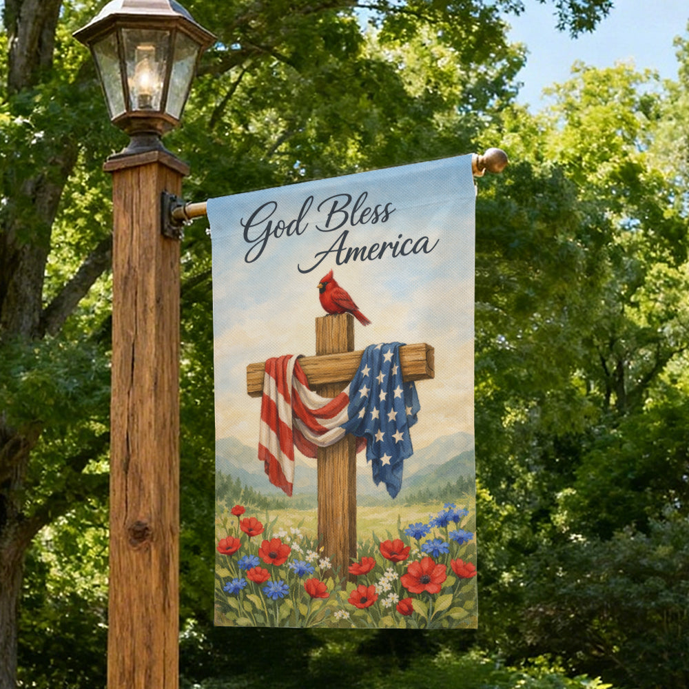 Faith Inspired God Bless America Patriotic Cross Garden Flag