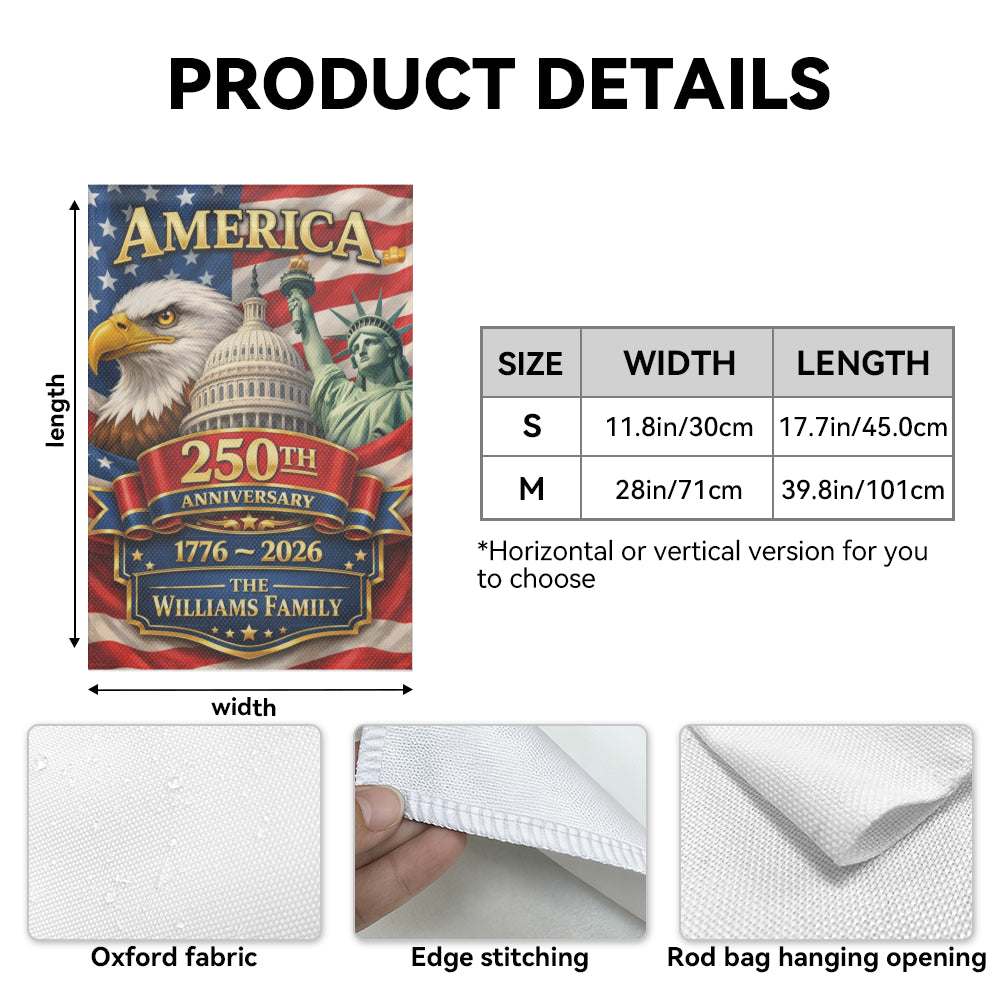 Custom Family Name America 250th Anniversary Patriotic Garden Flag