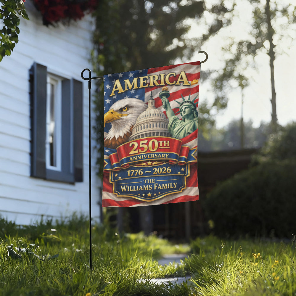 Custom Family Name America 250th Anniversary Patriotic Garden Flag