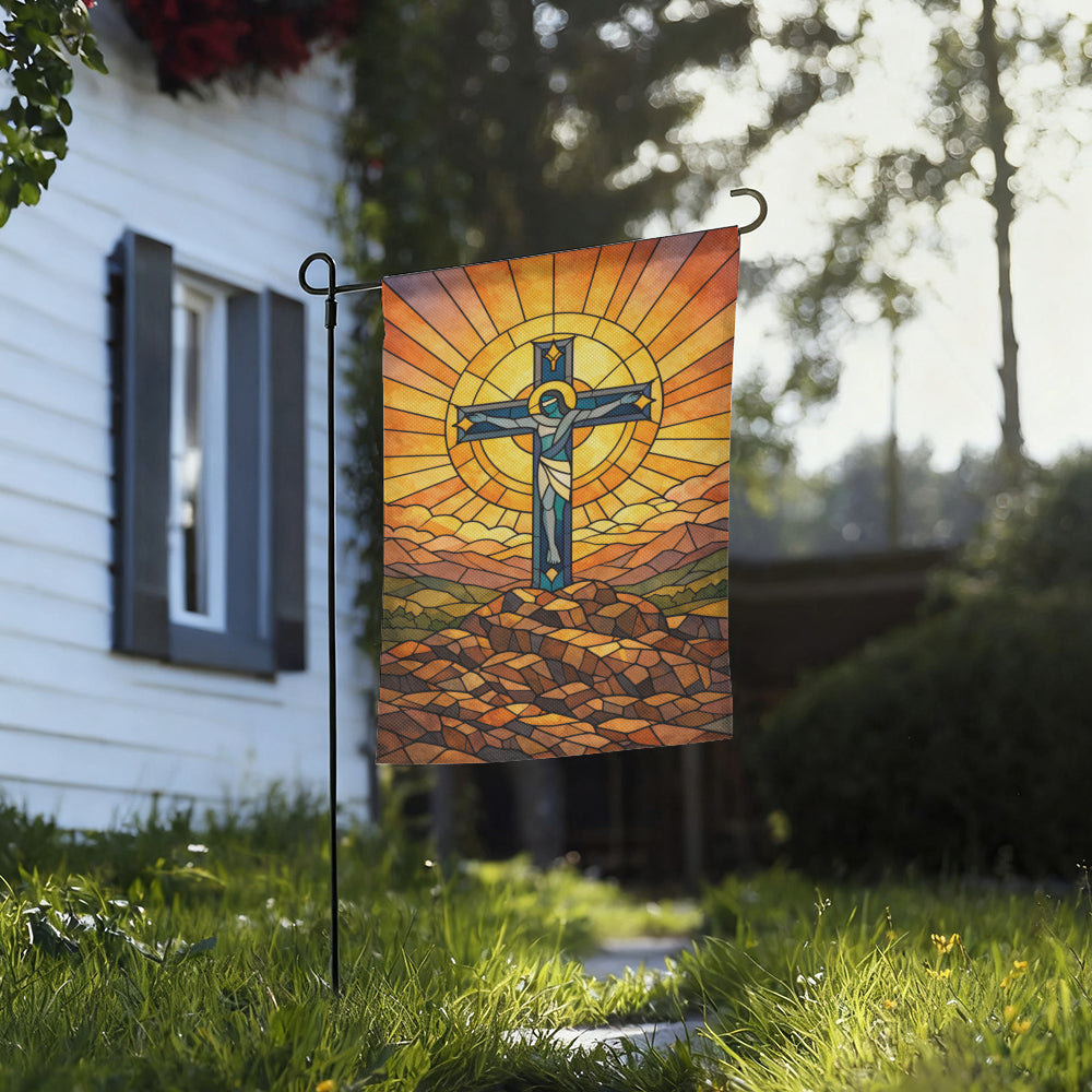 Stained Glass Crucifix Jesus Cross Christian Garden Flag