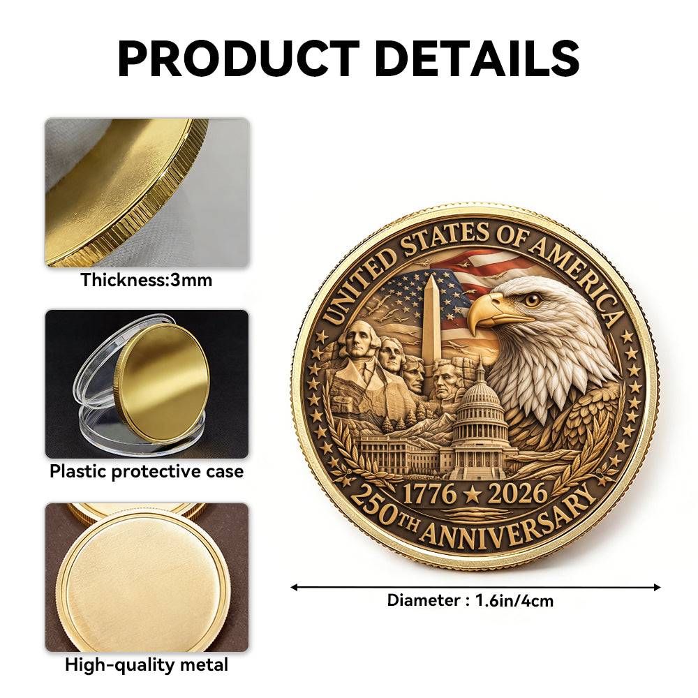 USA 250th Year Commemorative Coin, Semiquincentennial 1776-2026 America Gift, Patriotic Collectible Coin