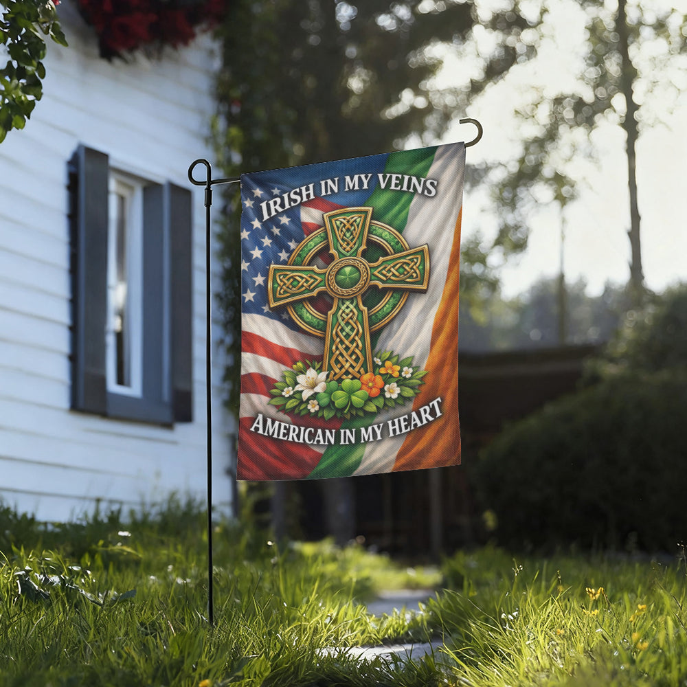 Irish American Celtic Cross Patriotic Shamrock Garden Flag
