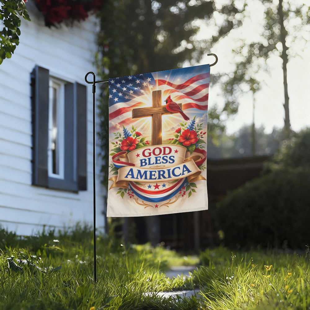 Christian Patriotic Garden Flag God Bless America Cross Decor