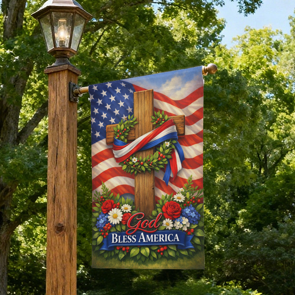 Vintage Christian Patriotic Cross God Bless America Garden Flag