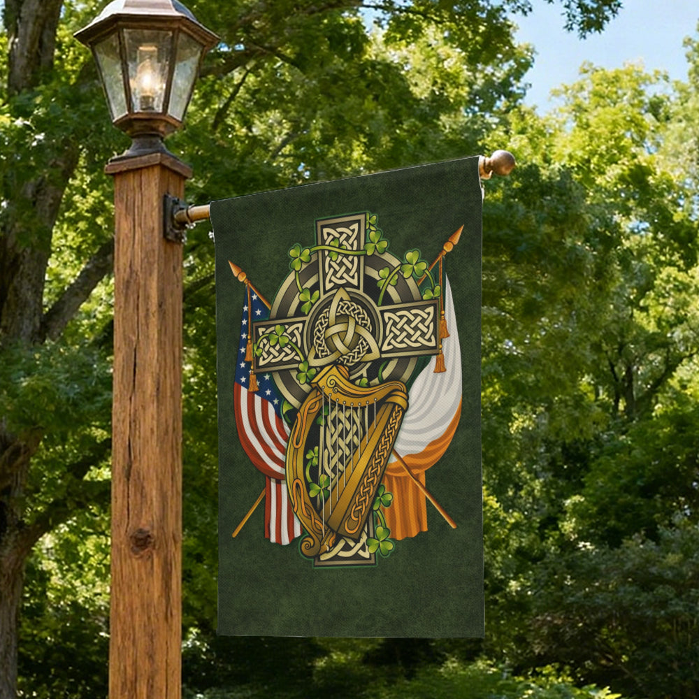 Irish American Celtic Cross Harp Shamrock Patriotic Garden Flag