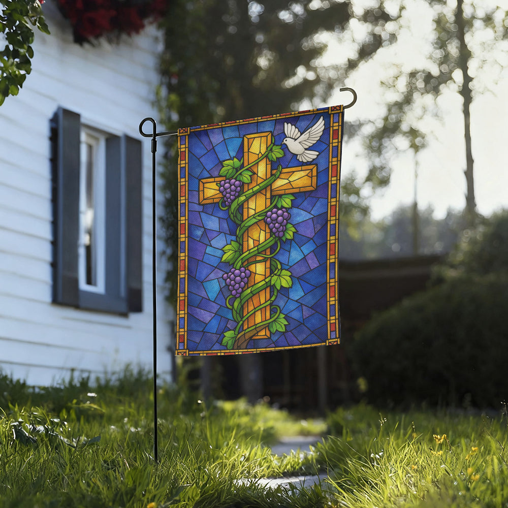 Stained Glass Christian Cross Grapevine Dove Garden Flag