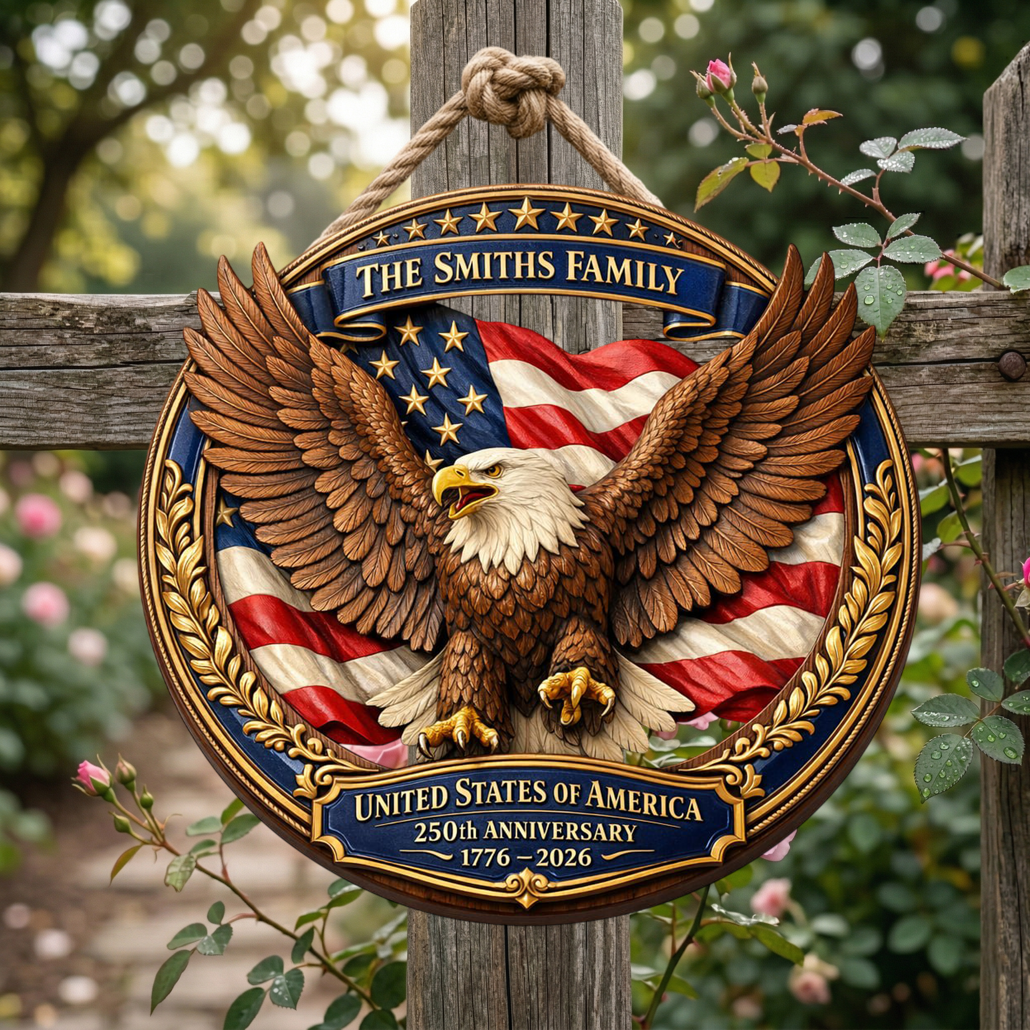 Custom Name 250th Year Wooden Sign, Patriotic Door Sign Semiquincentennial