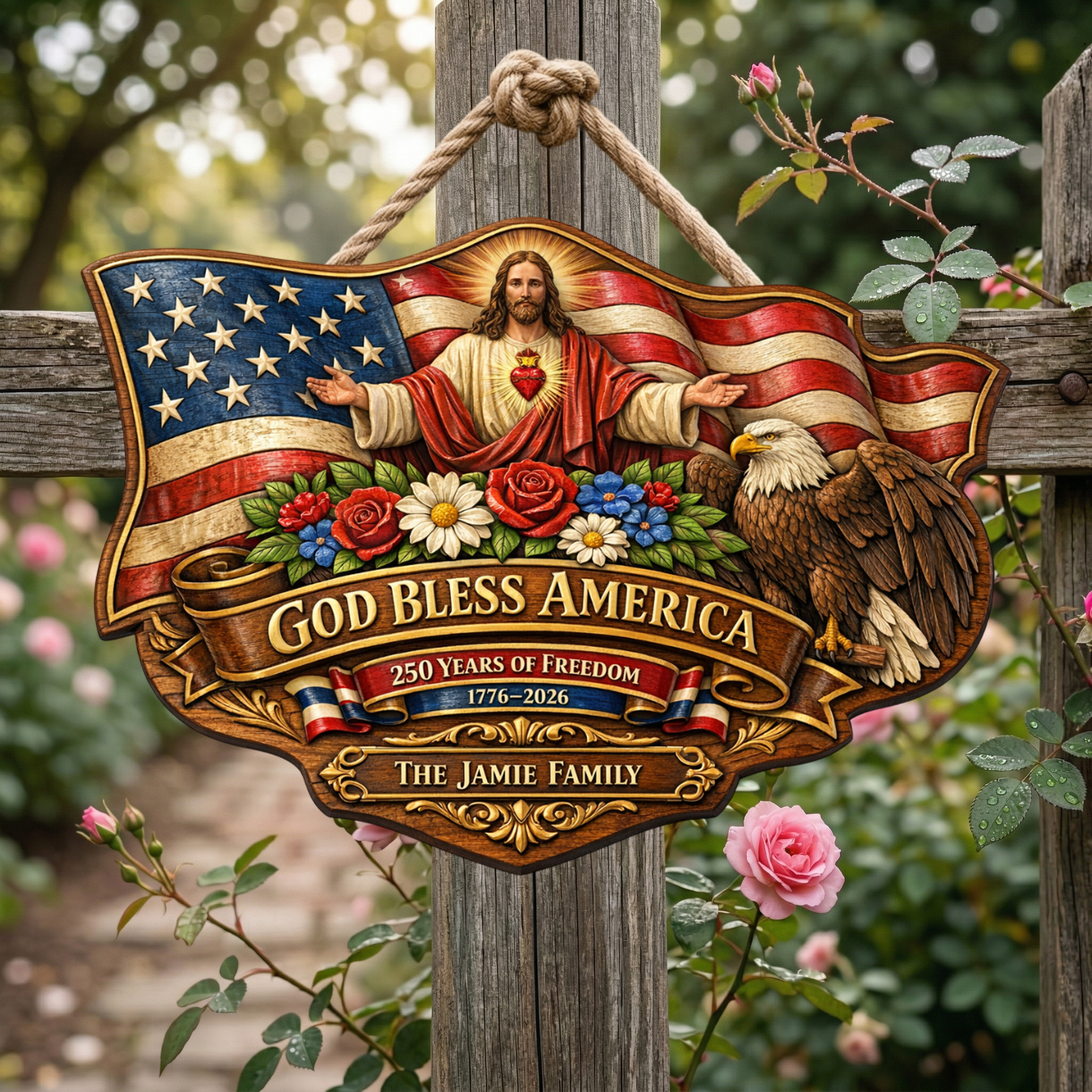 Personalized God Bless America 250th Anniversary Wood Sign, 1776-2026 Patriotic Door Sign Semiquincentennial-copy