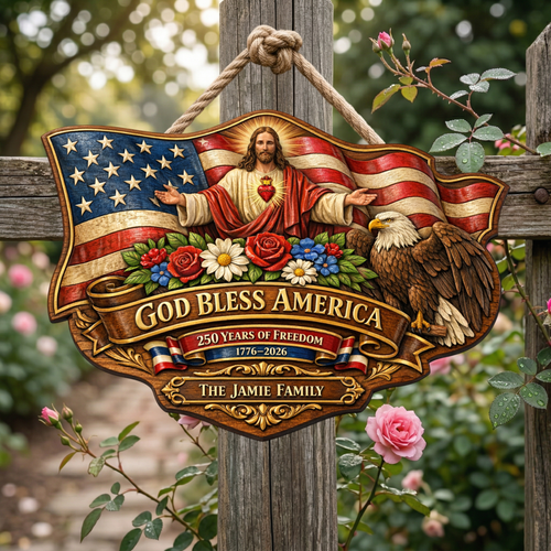 Personalized God Bless America 250th Anniversary Wood Sign | 1776–2026 Patriotic Door Sign