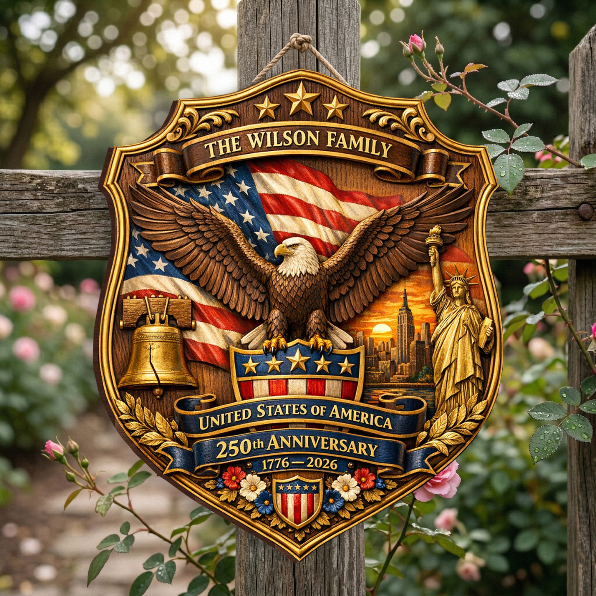 Custom Family Name 250th Anniversary Wood Sign, Patriotic Door Sign Semiquincentennial