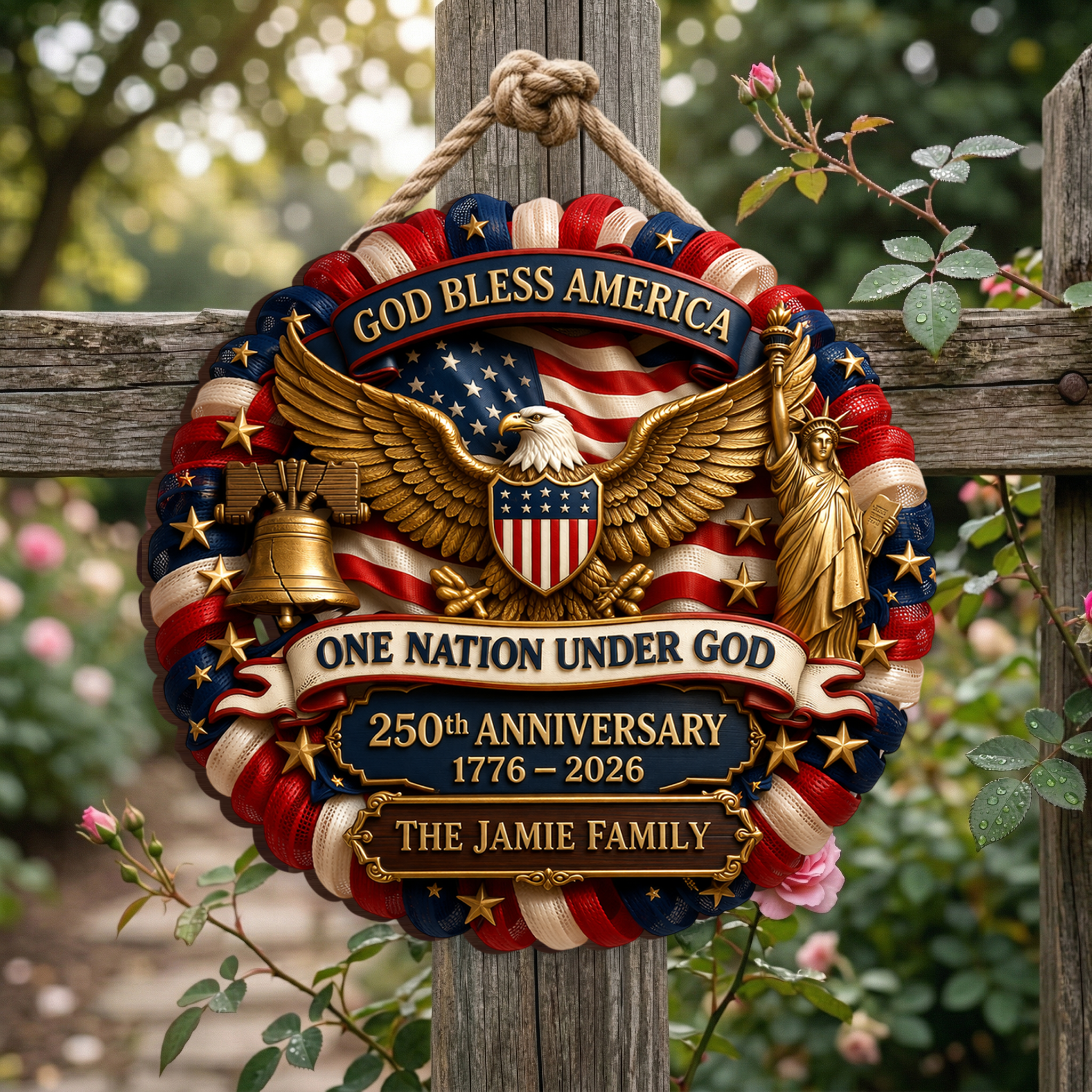 Personalized America 250th Anniversary Wood Wreath, 1776-2026 Patriotic Door Sign Semiquincentennial