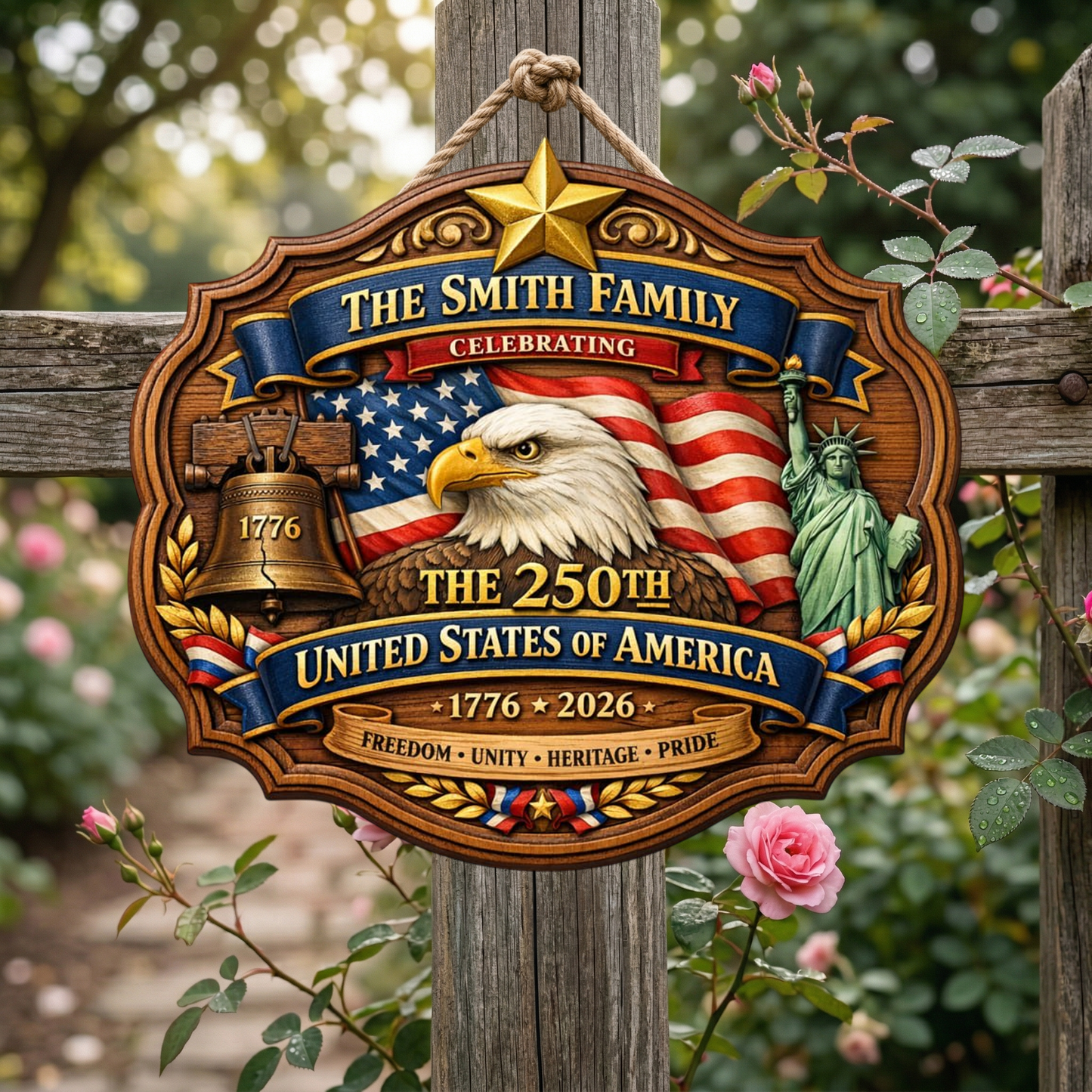 Custom Name 250th Year USA Anni Wooden Sign, Patriotic Door Sign Semiquincentennial Decor