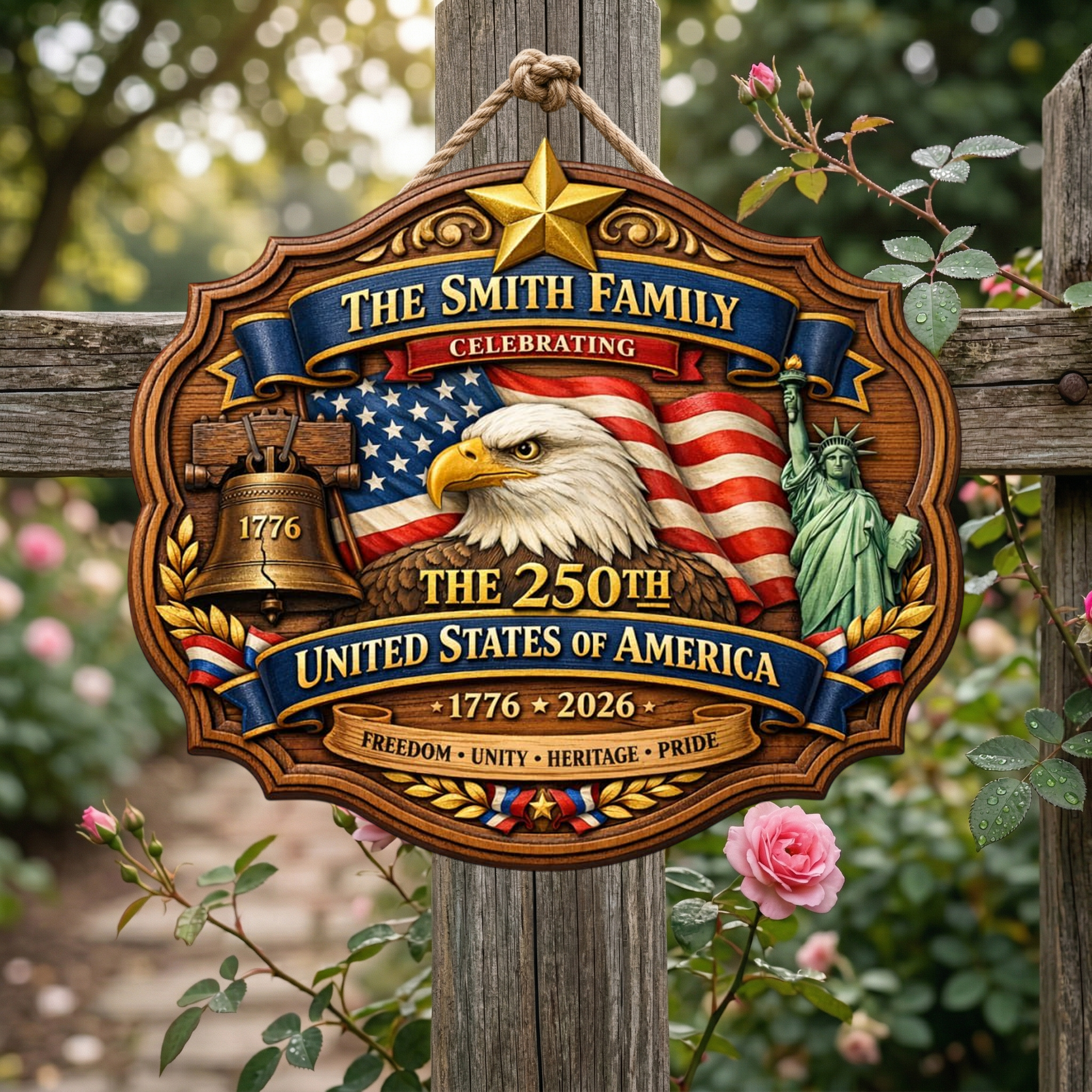 Custom Name 250th Year USA Anni Wooden Sign, Patriotic Door Sign Semiquincentennial Decor