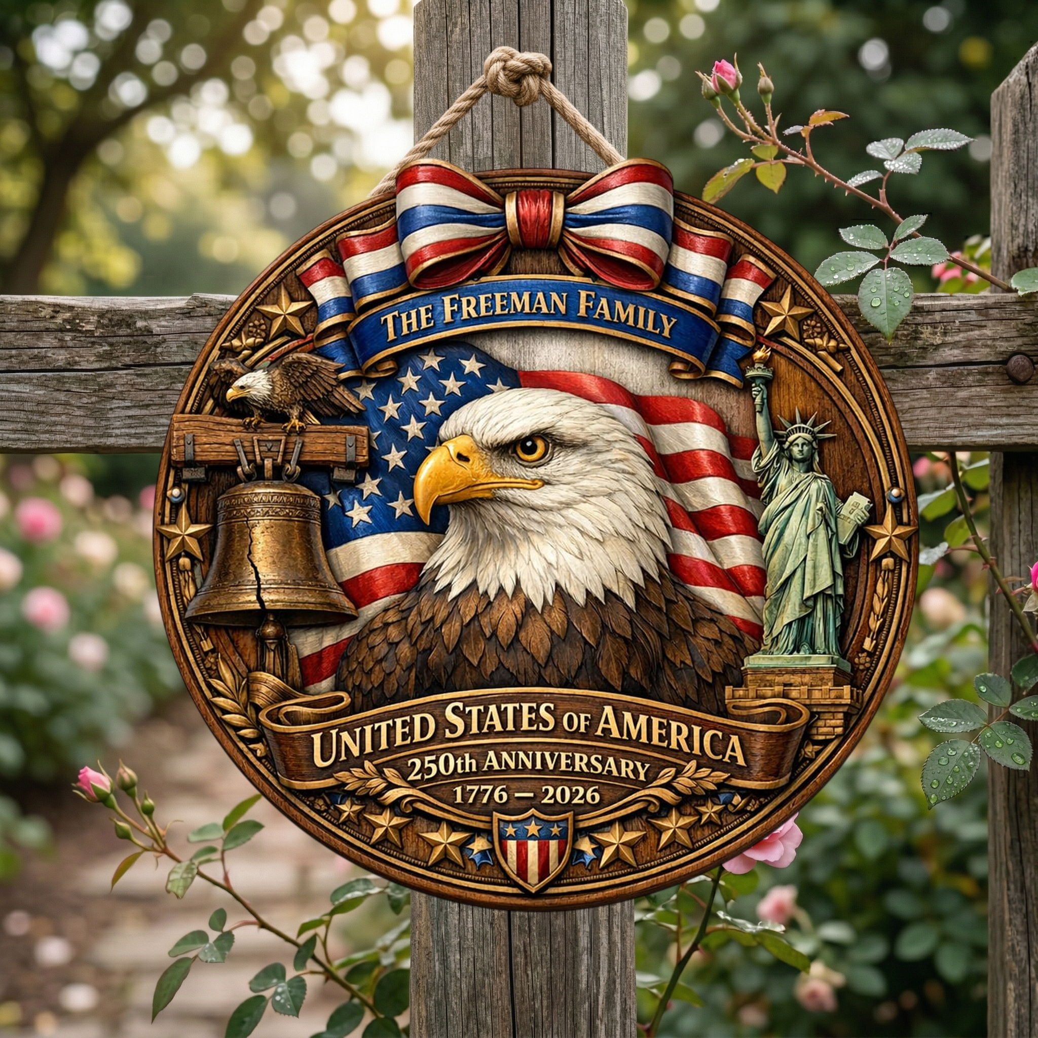 Personalized 250th Year Bald Eagle Wooden Sign, Patriotic Door Sign Semiquincentennial