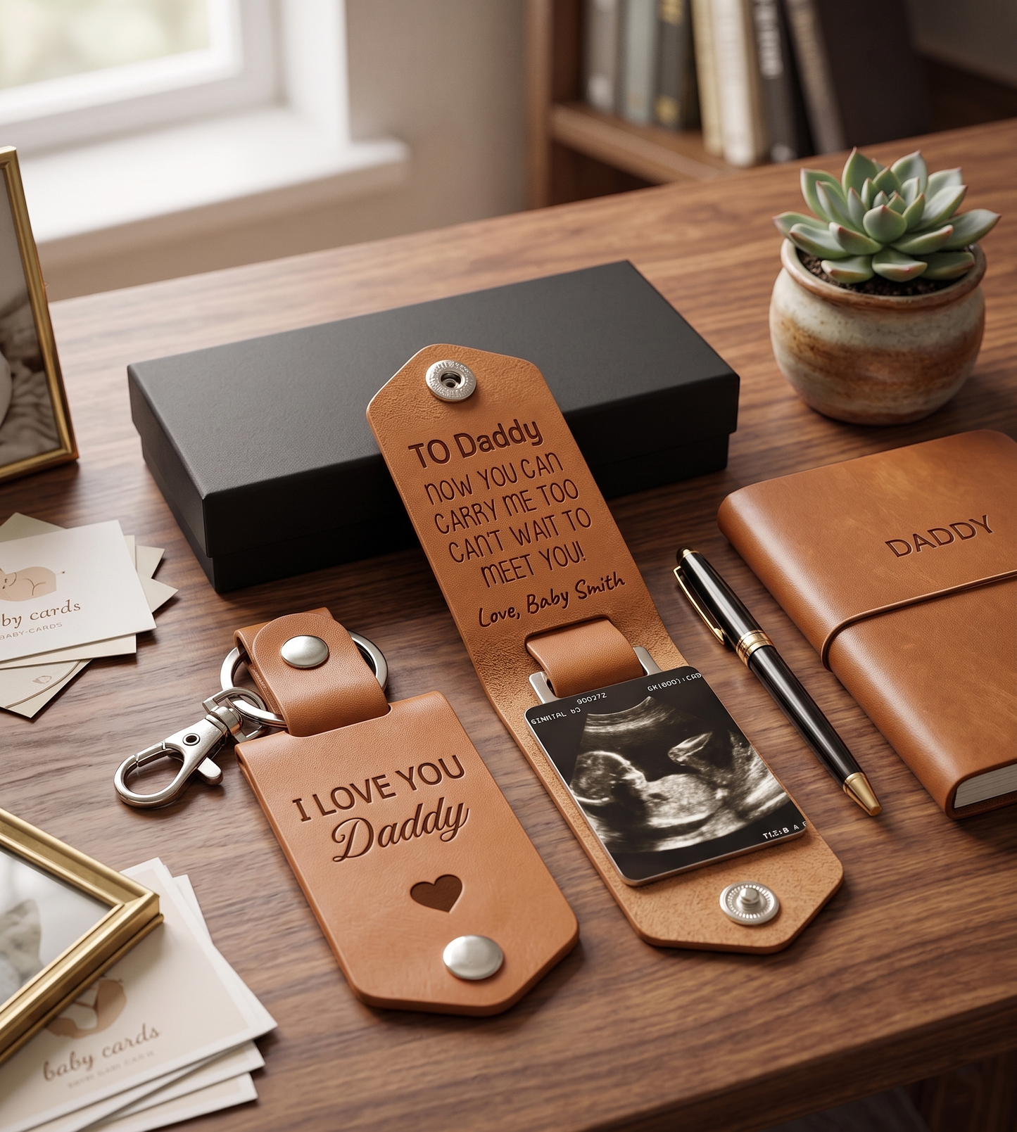 Leather New Dad Keychain, Custom Photo Keychain