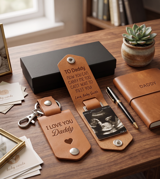 Leather New Dad Keychain, Custom Photo Keychain