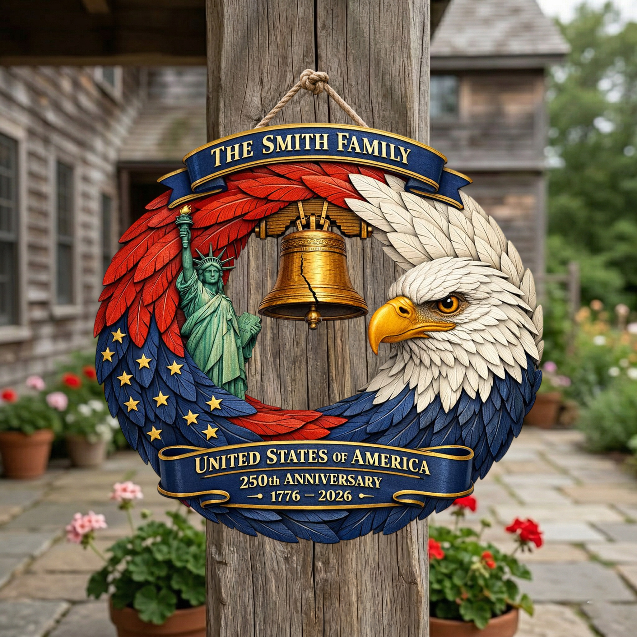Personalized 250th Year Anniversary Bald Eagle Wooden Wreath, Patriotic Door Sign Decor