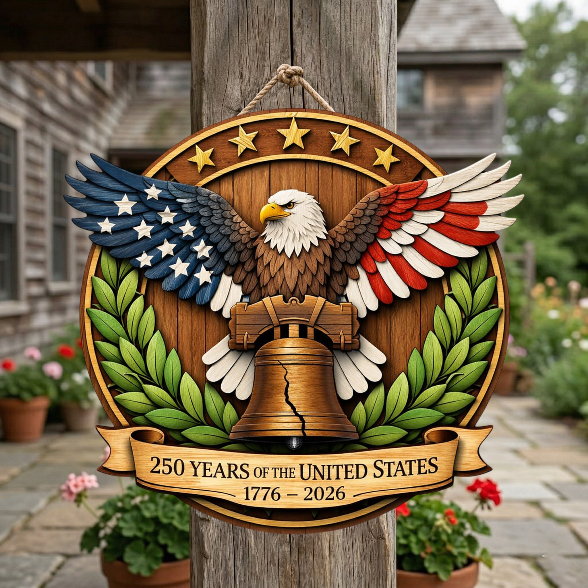 Bald Eagle 250th Year USA Anni Wooden Sign, Patriotic Porch Decor