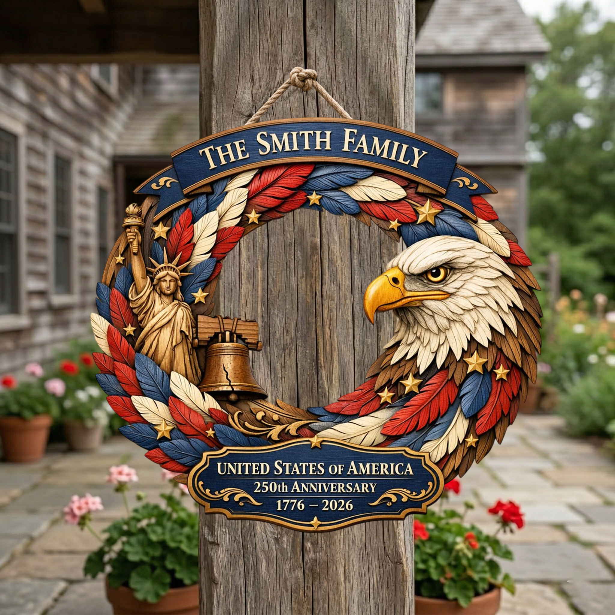 Personalized Family Name 250th Year USA Anni Wooden Wreath, Patriotic Porch Decor