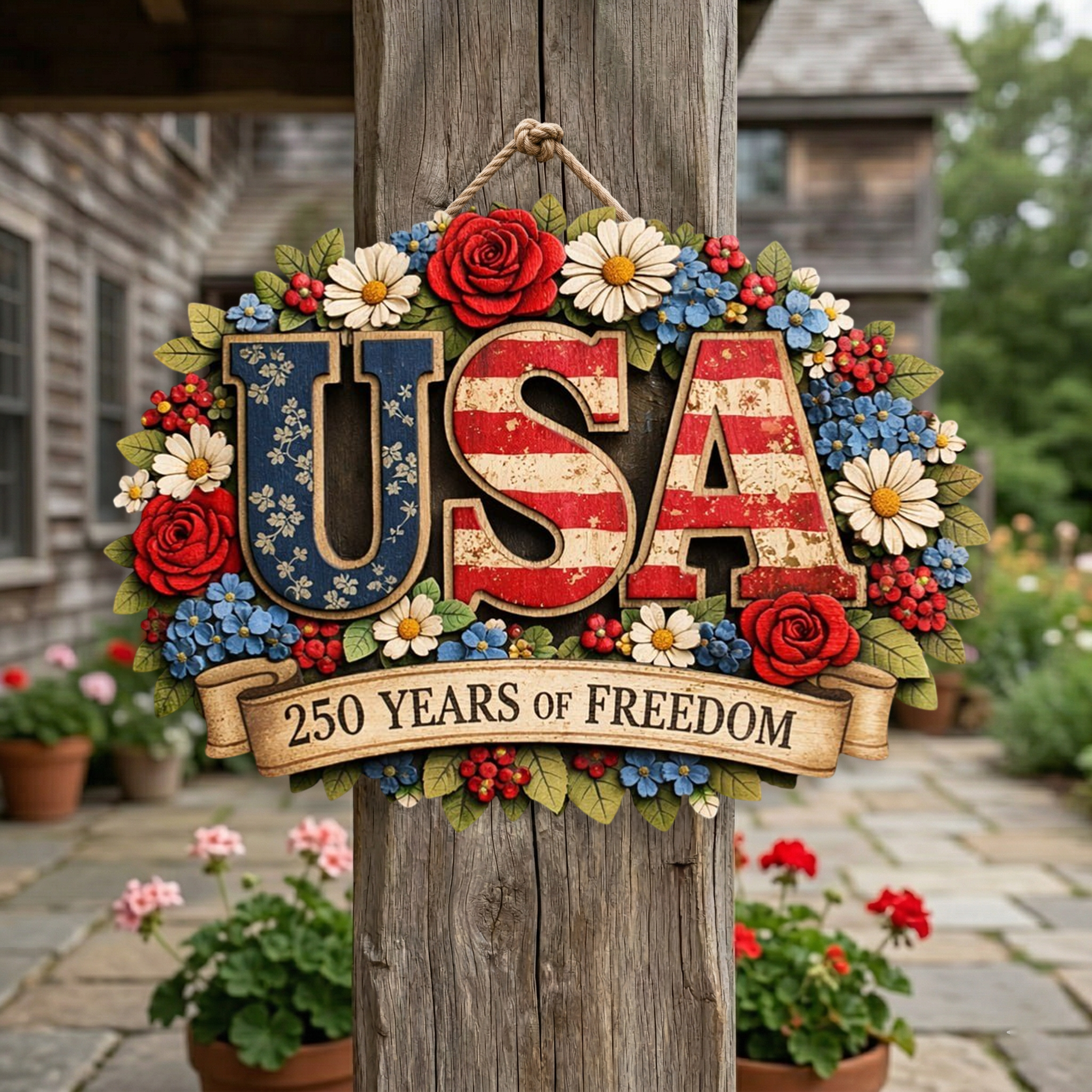 250 Years of Freedom Anniversary Floral Sign, Patriotic Door Sign Decor