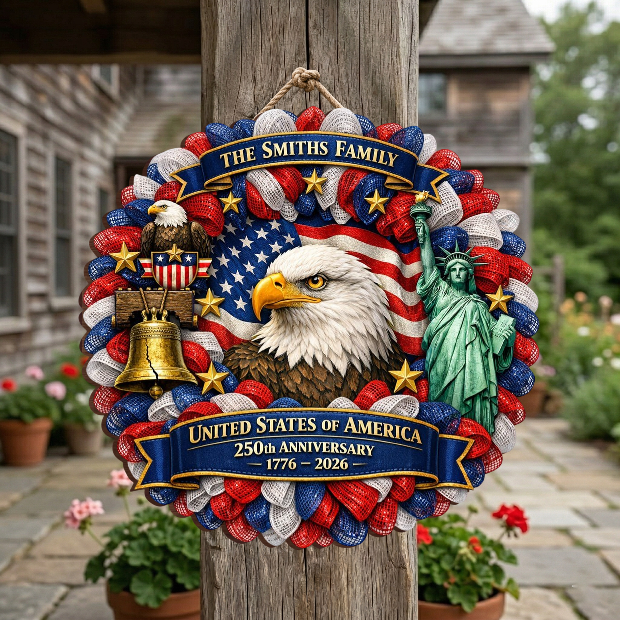 Custom Name 250th Year USA Anni Wooden Wreath, Patriotic Porch Decor