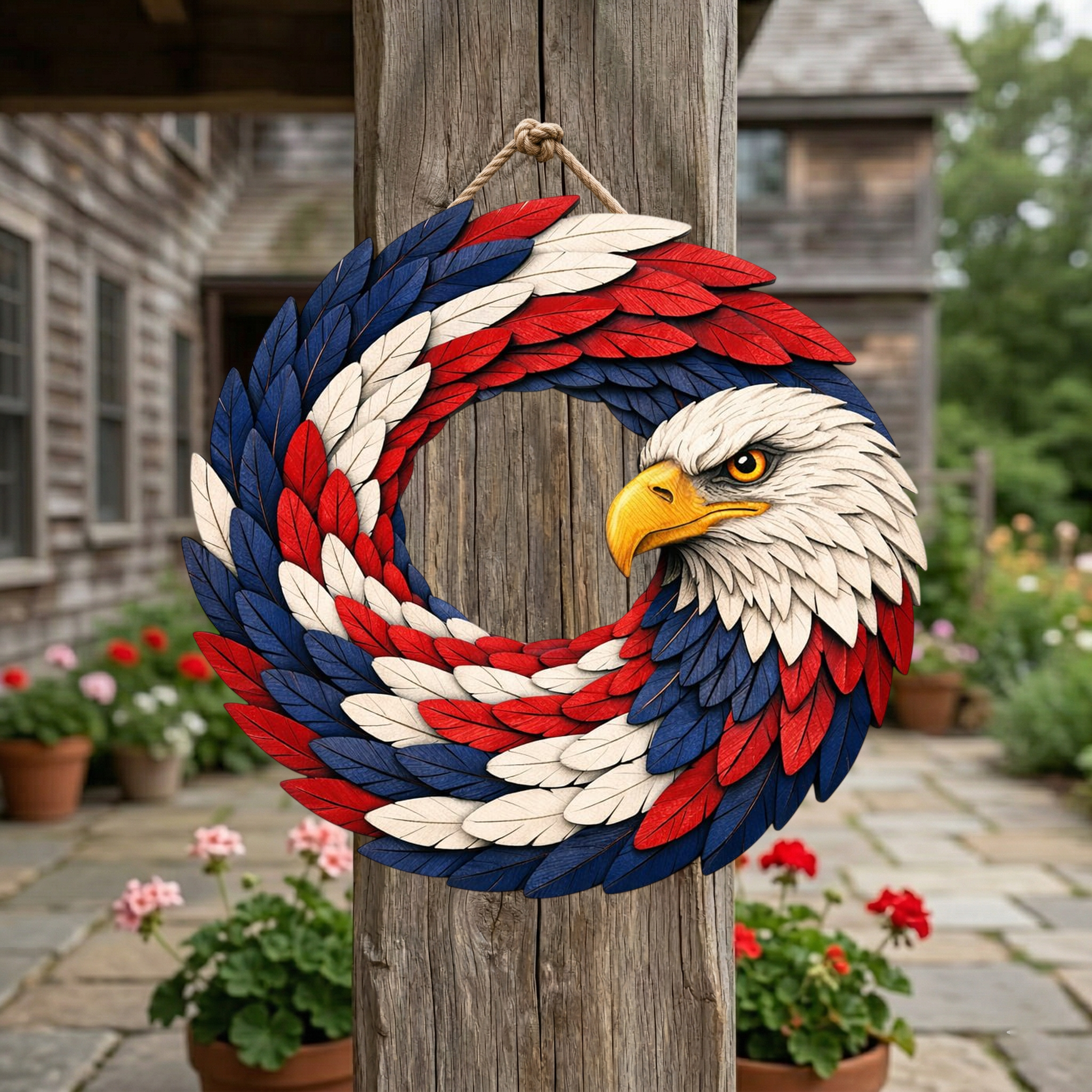 250th Year USA Anni Wooden Wreath, Patriotic Door Sign Semiquincentennial