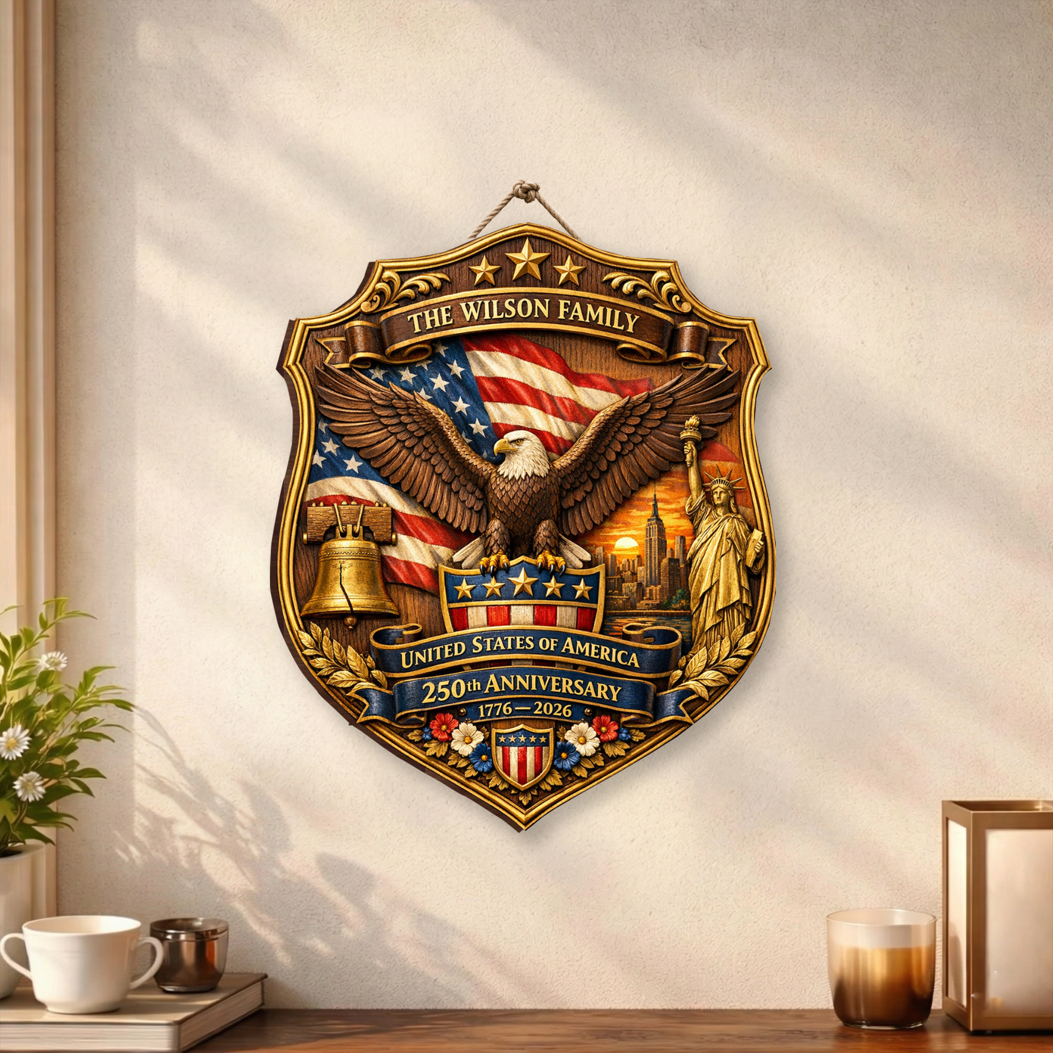 Custom Family Name 250th Anniversary Wood Sign, Patriotic Door Sign Semiquincentennial