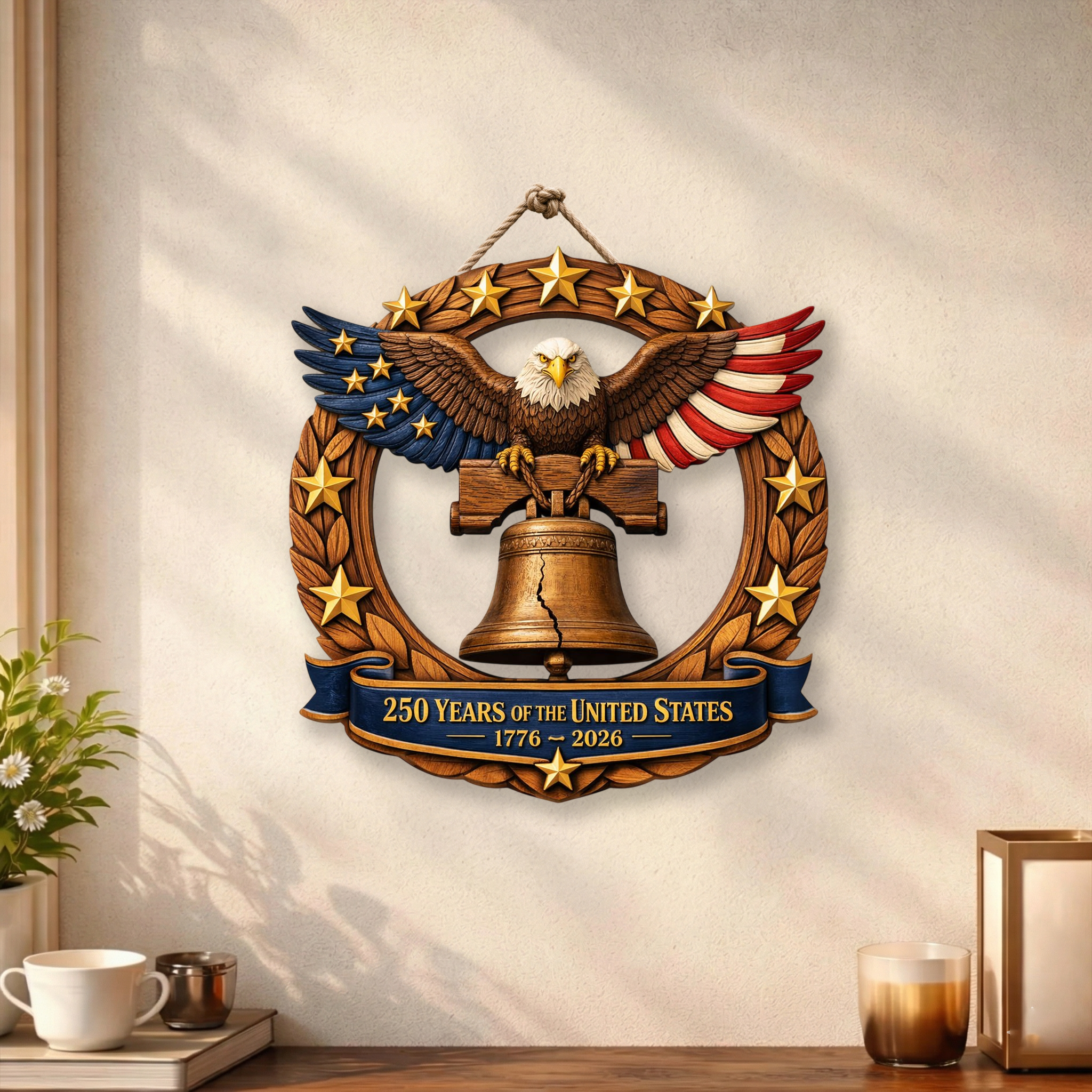250th Year Anniversary Bald Eagle Wooden Sign, Patriotic Door Sign Decor