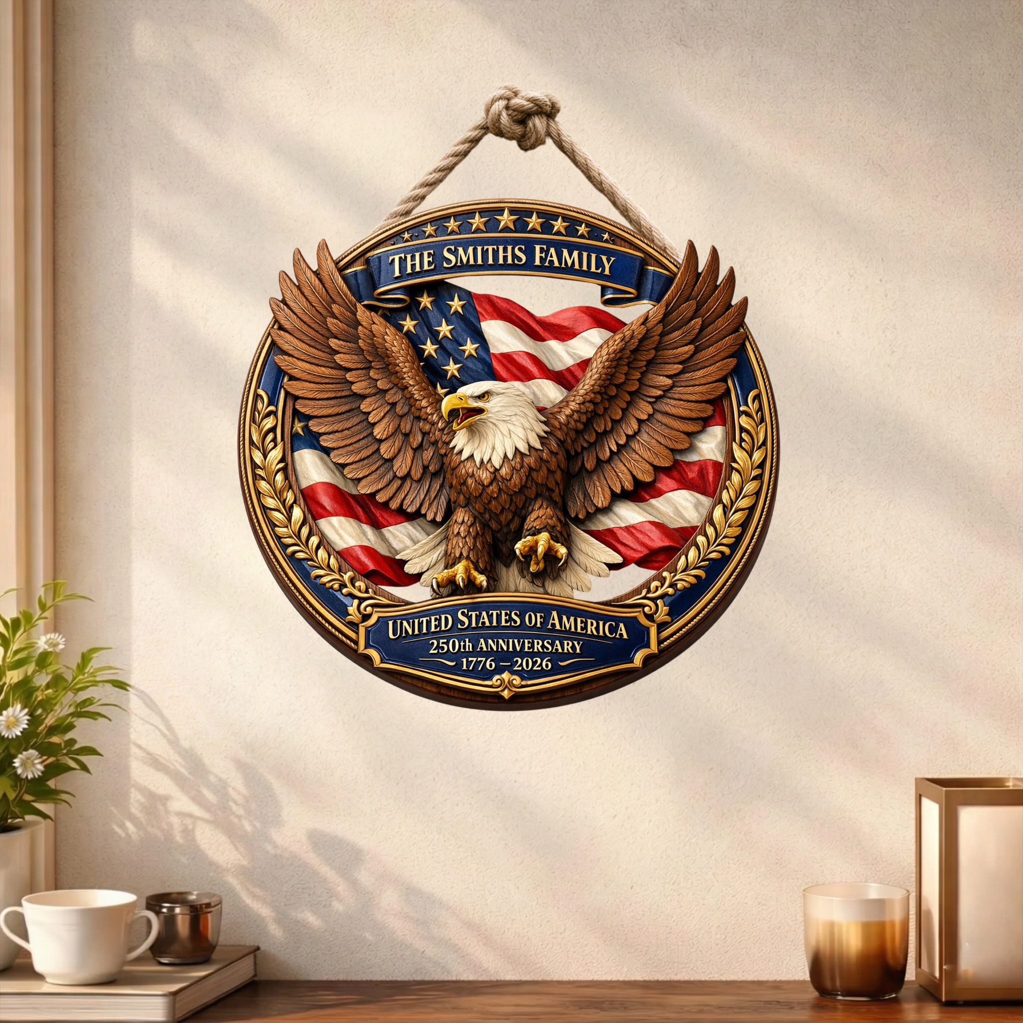 Custom Name 250th Year Wooden Sign, Patriotic Door Sign Semiquincentennial