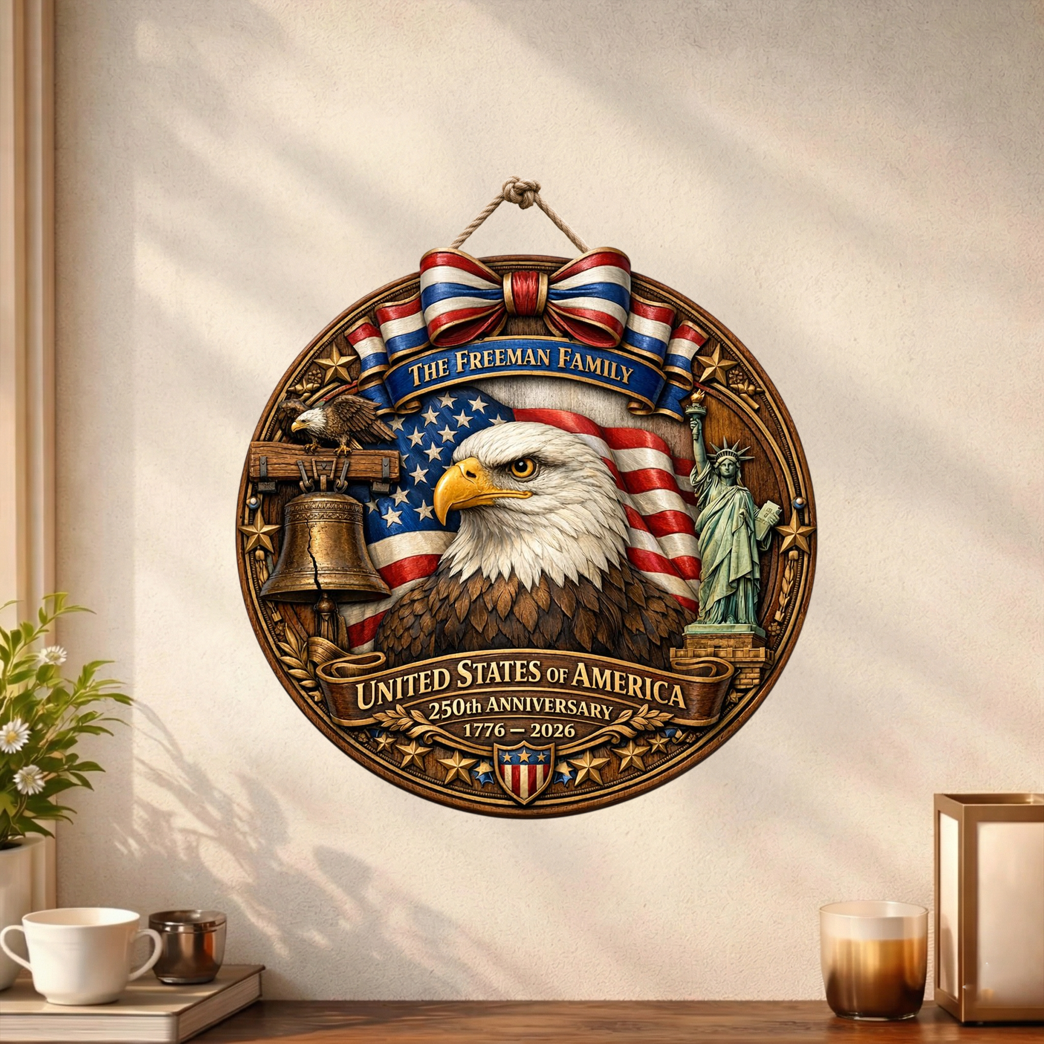 Personalized 250th Year Bald Eagle Wooden Sign, Patriotic Door Sign Semiquincentennial