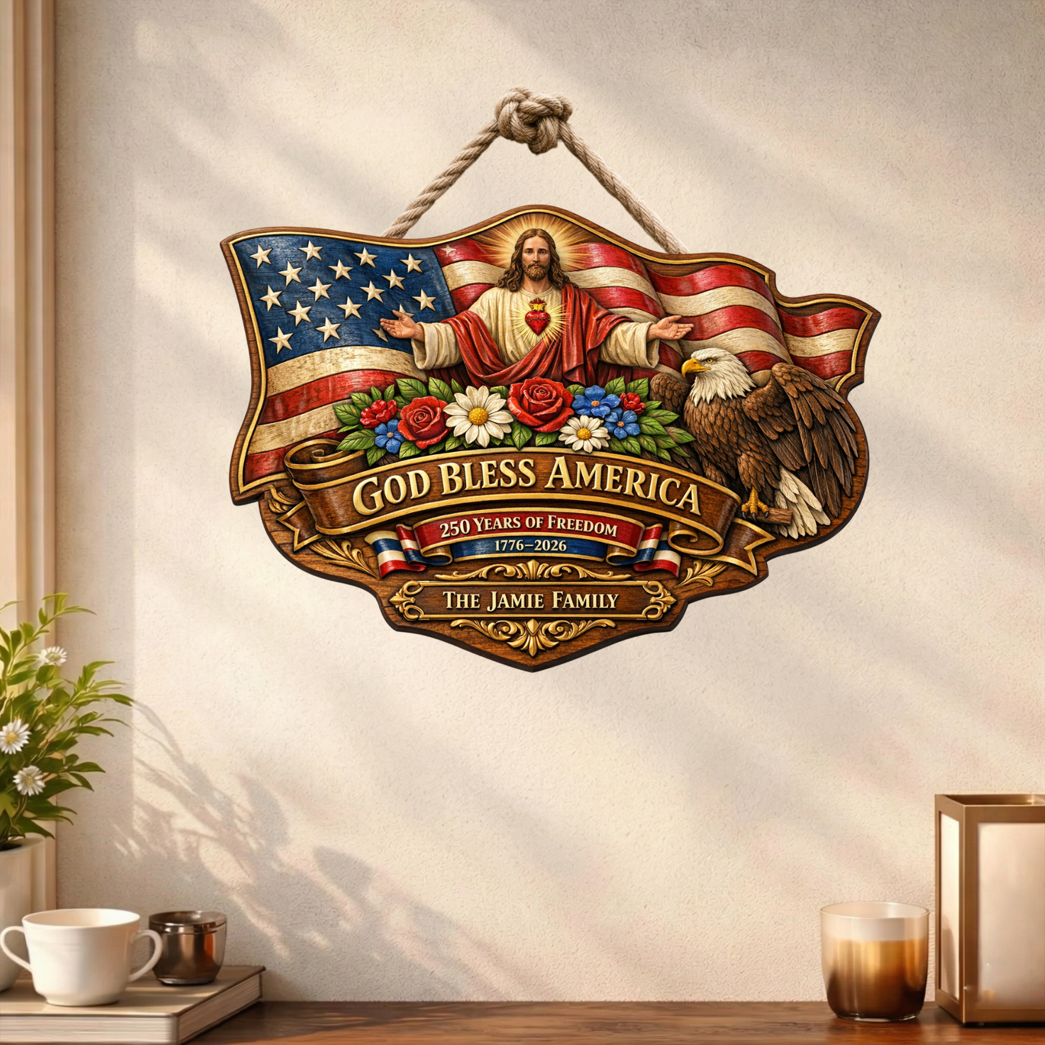Personalized God Bless America 250th Anniversary Wood Sign, 1776-2026 Patriotic Door Sign Semiquincentennial-copy