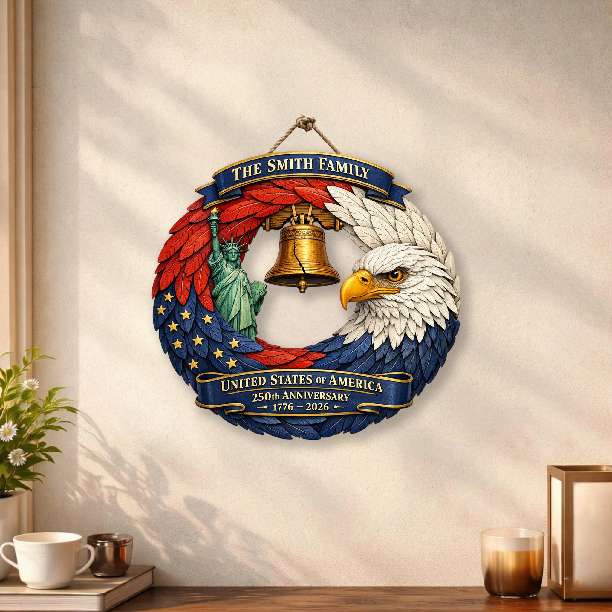 Personalized 250th Year Anniversary Bald Eagle Wooden Wreath, Patriotic Door Sign Decor