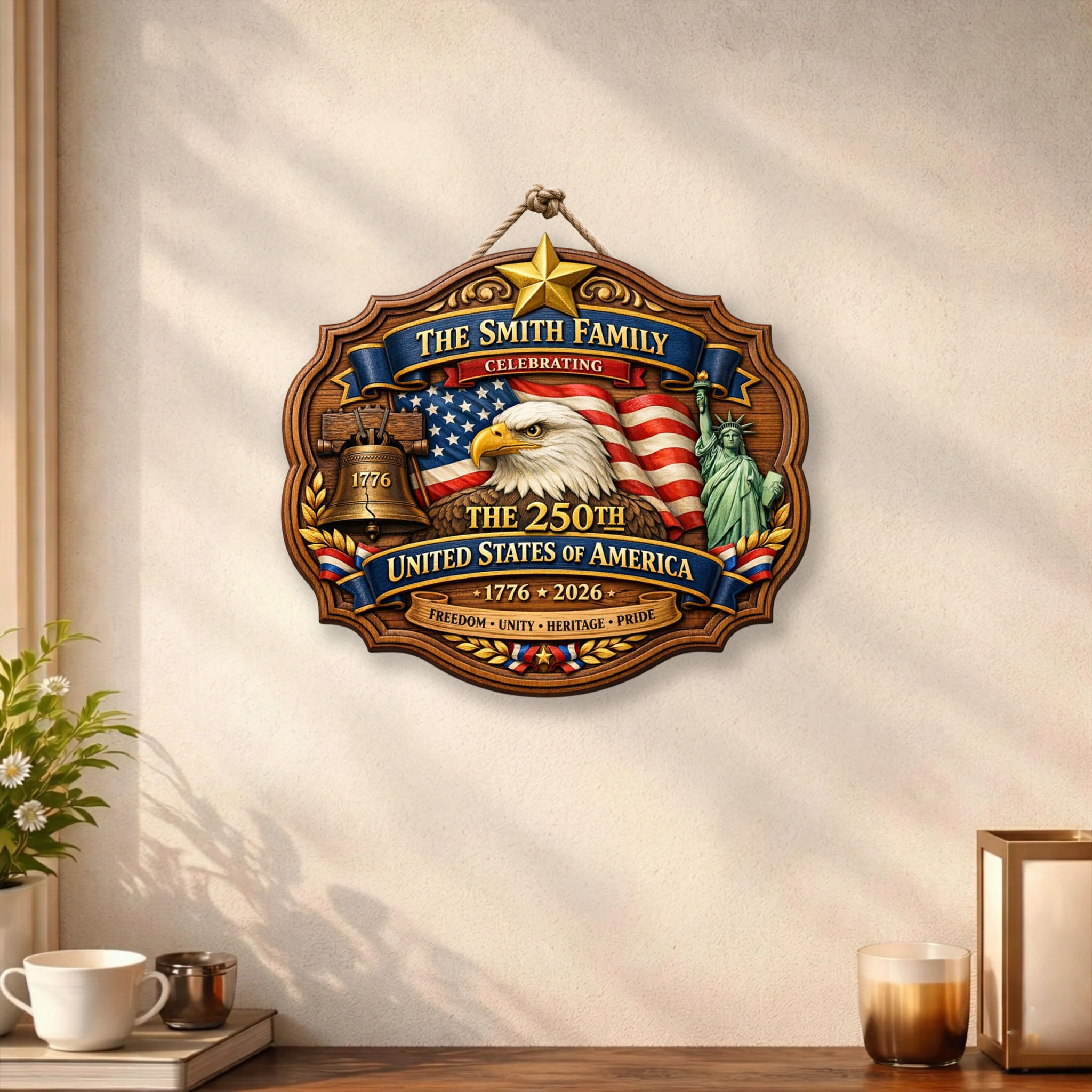 Custom Name 250th Year USA Anni Wooden Sign, Patriotic Door Sign Semiquincentennial Decor
