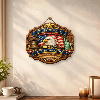Custom Name 250th Year USA Anni Wooden Sign, Patriotic Door Sign Semiquincentennial Decor