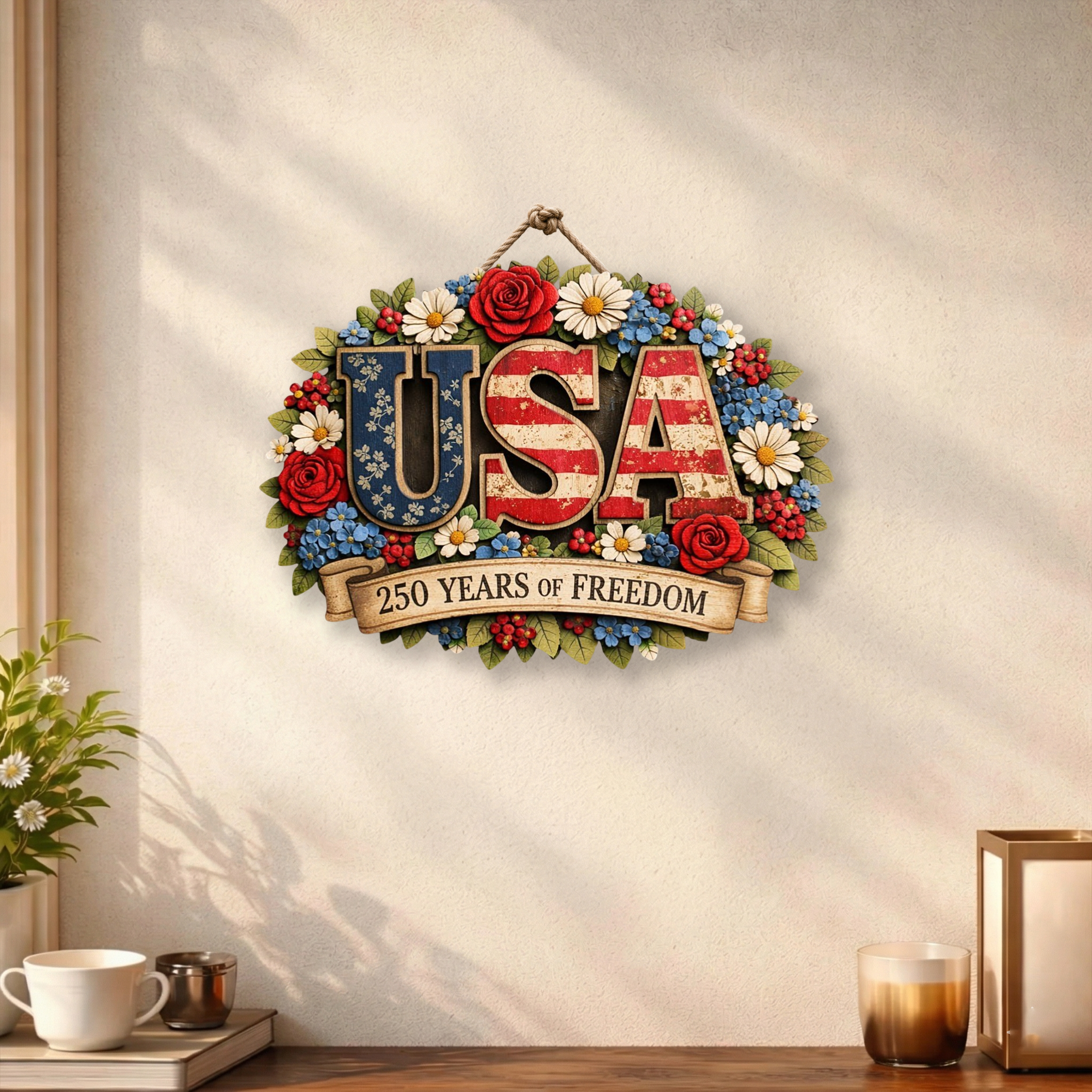 250 Years of Freedom Anniversary Floral Sign, Patriotic Door Sign Decor