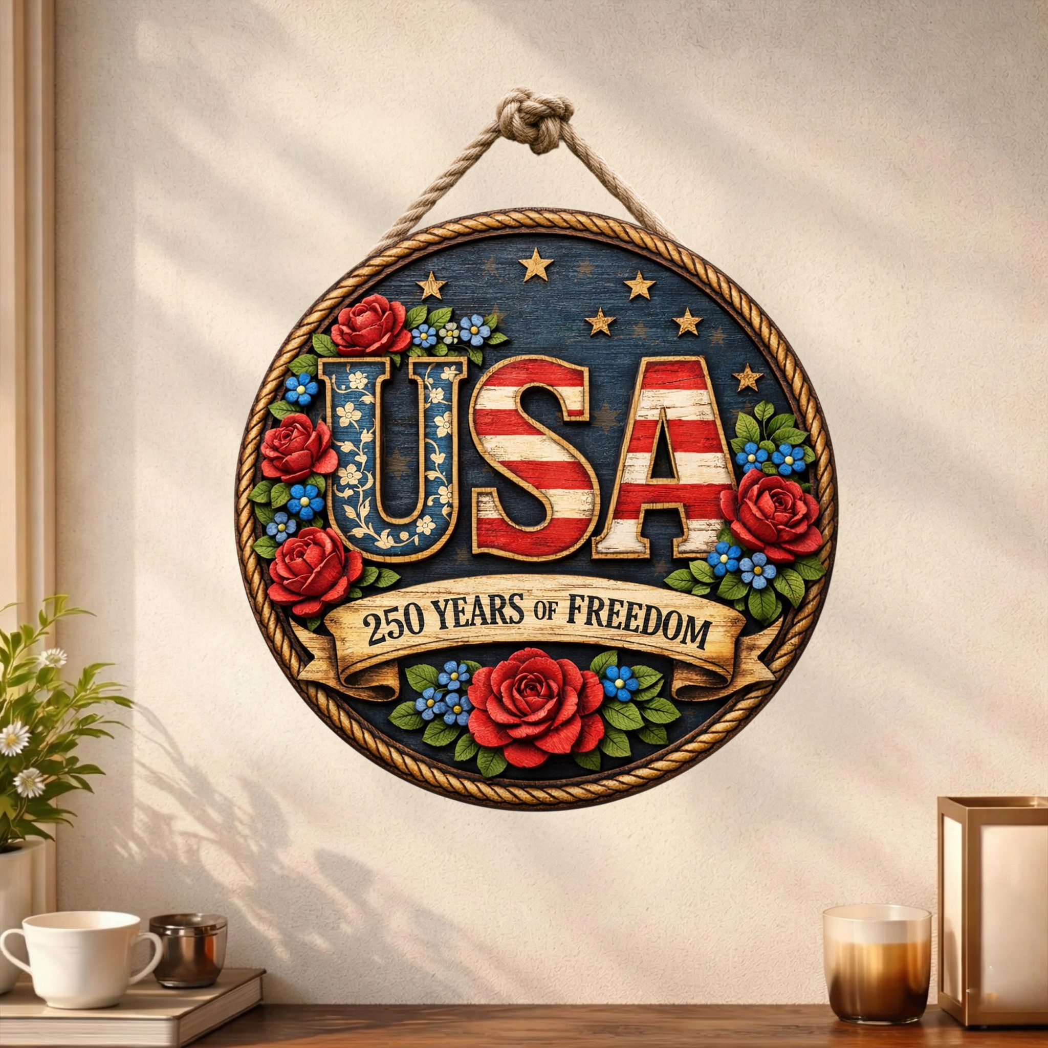 250 Years of Freedom Anniversary Wooden Sign, Patriotic Door Sign Semiquincentennial