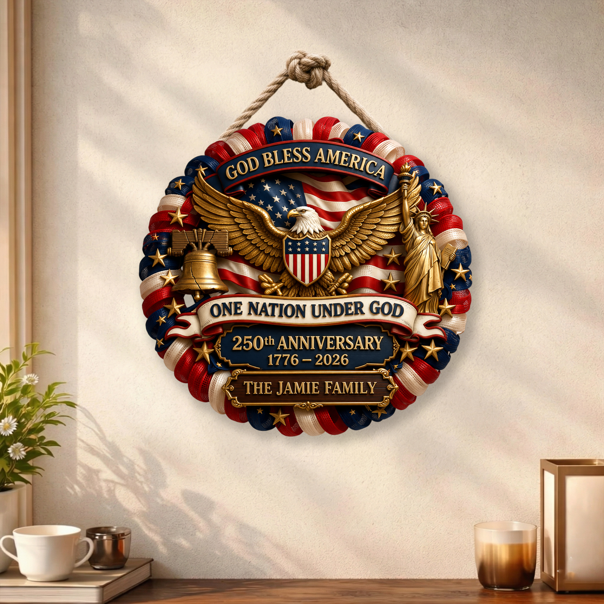 Personalized America 250th Anniversary Wood Wreath, 1776-2026 Patriotic Door Sign Semiquincentennial