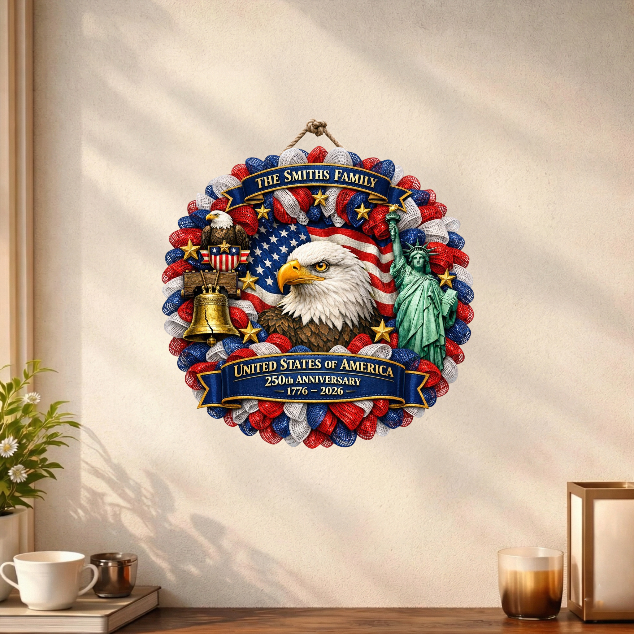 Custom Name 250th Year USA Anni Wooden Wreath, Patriotic Porch Decor