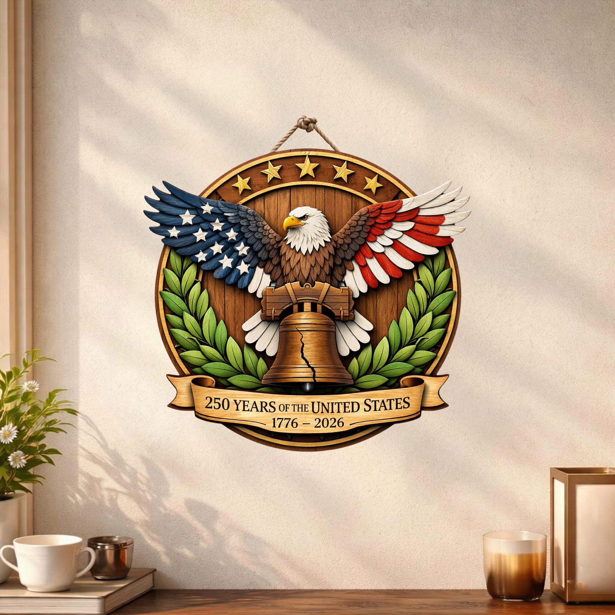 Bald Eagle 250th Year USA Anni Wooden Sign, Patriotic Porch Decor