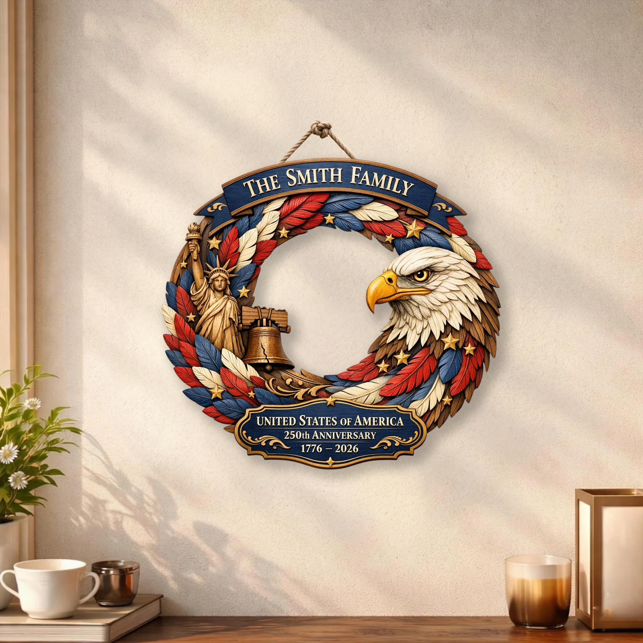 Personalized Family Name 250th Year USA Anni Wooden Wreath, Patriotic Porch Decor
