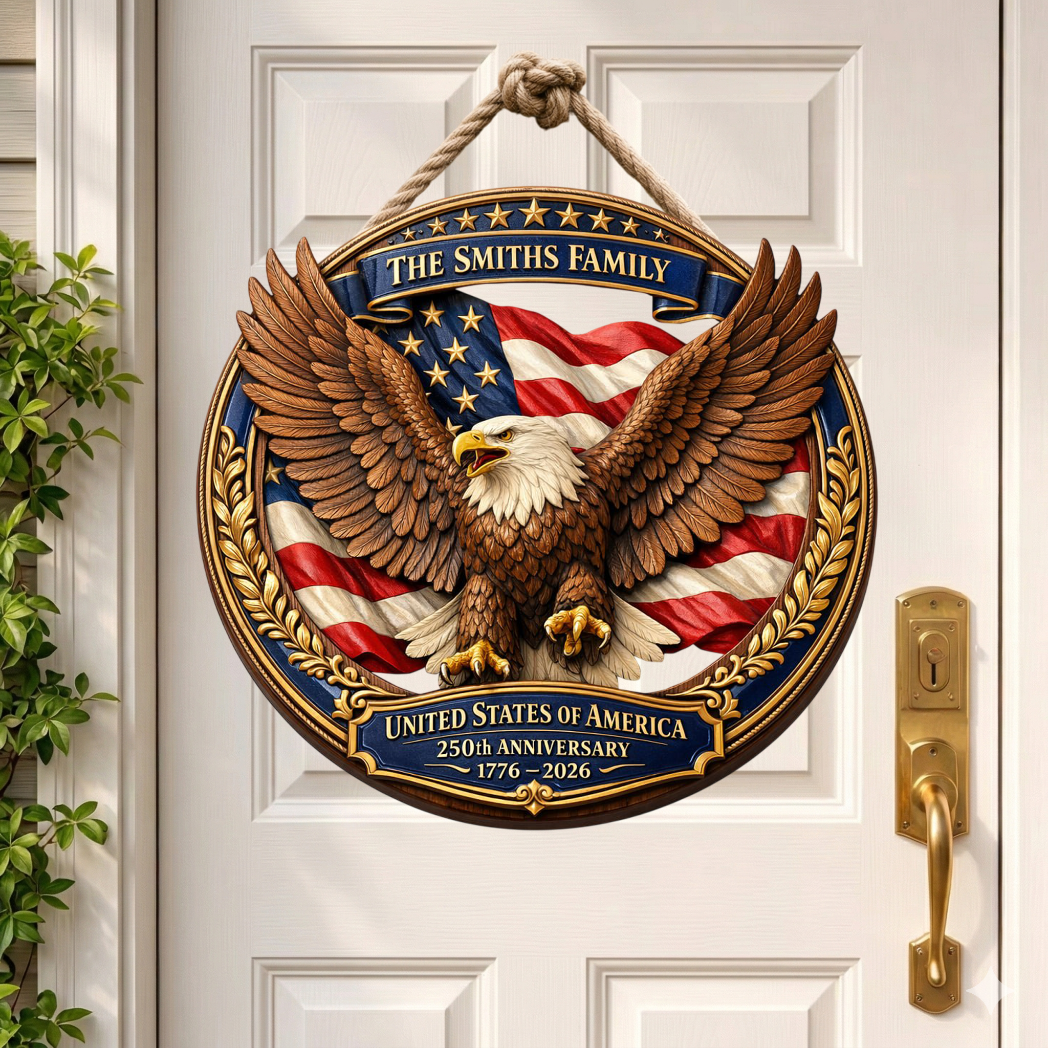 Custom Name 250th Year Wooden Sign, Patriotic Door Sign Semiquincentennial