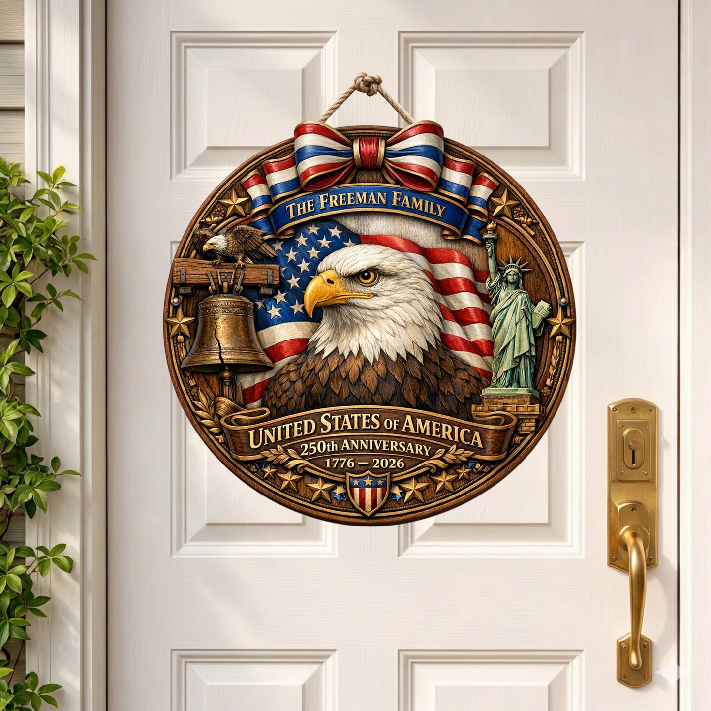 Personalized 250th Year Bald Eagle Wooden Sign, Patriotic Door Sign Semiquincentennial