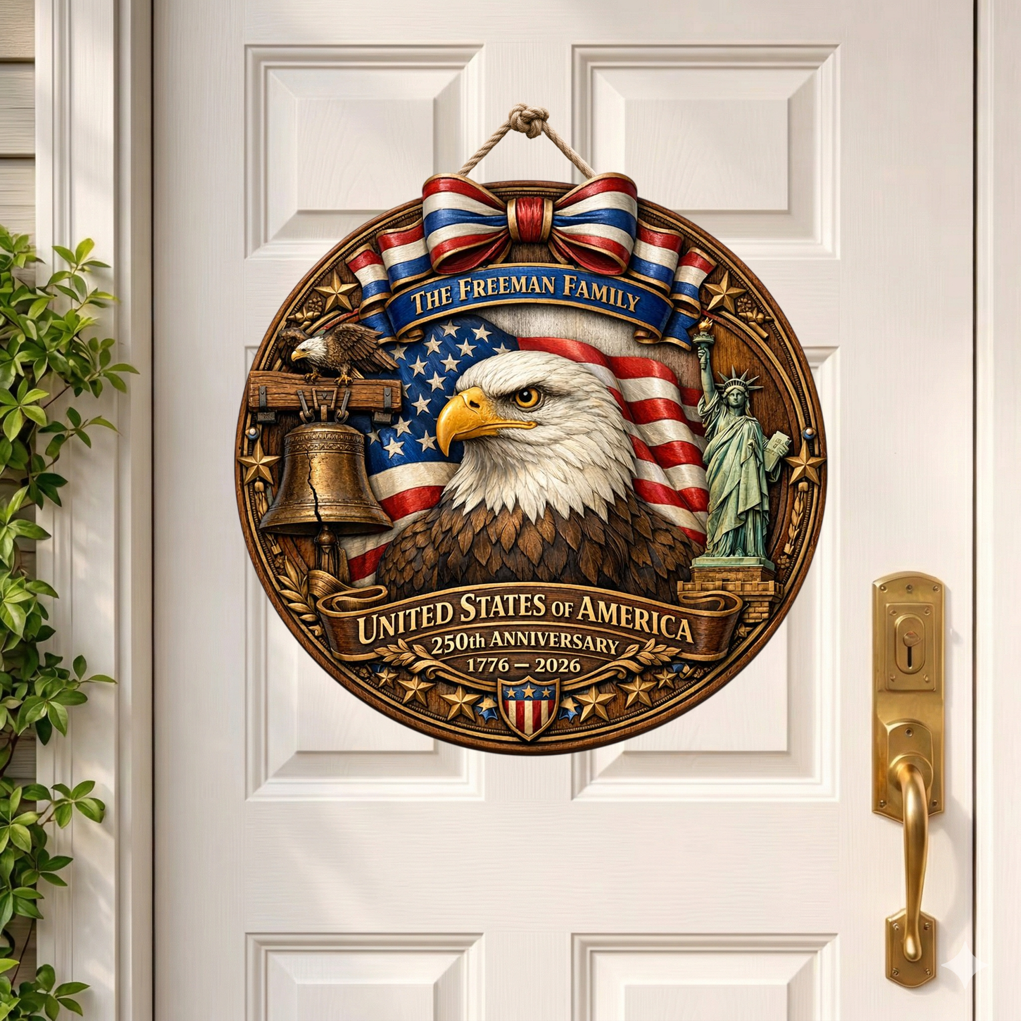 Personalized 250th Year Bald Eagle Wooden Sign, Patriotic Door Sign Semiquincentennial