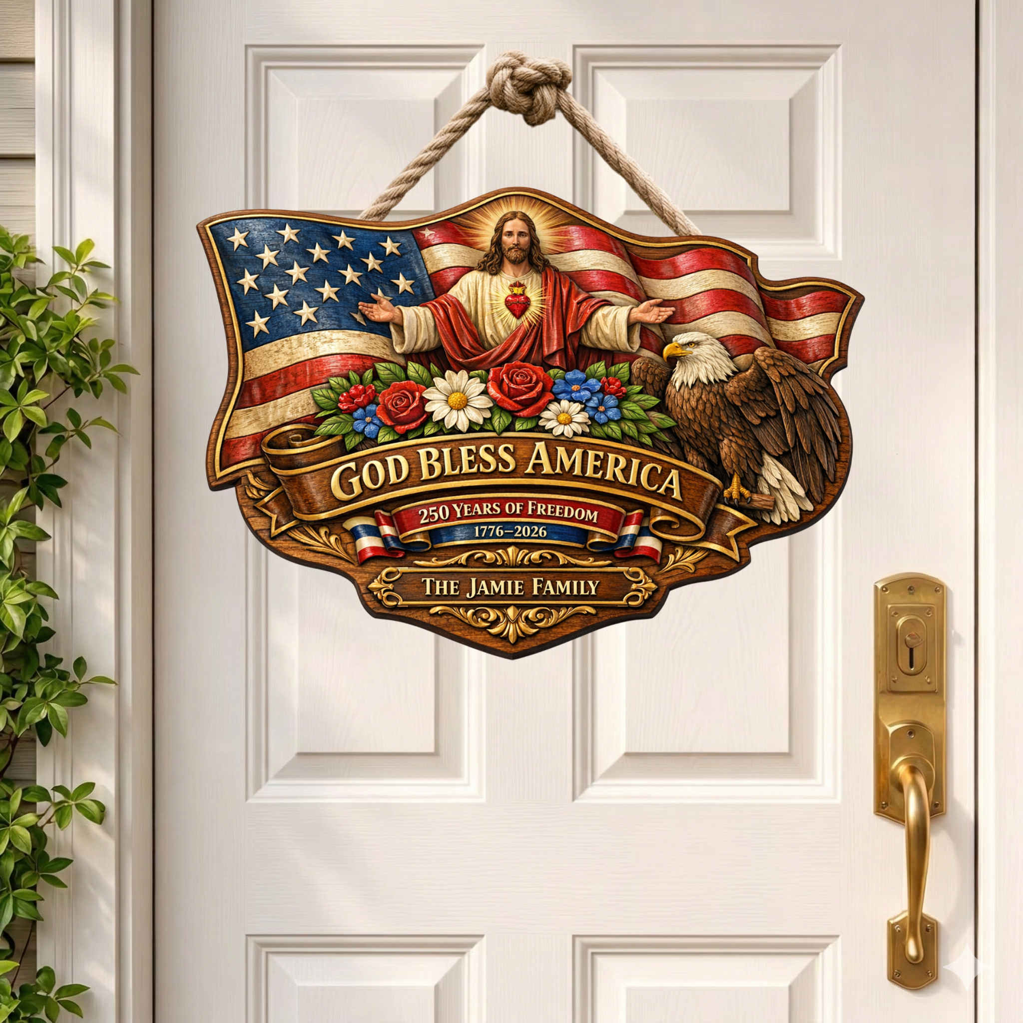 Personalized God Bless America 250th Anniversary Wood Sign, 1776-2026 Patriotic Door Sign Semiquincentennial-copy