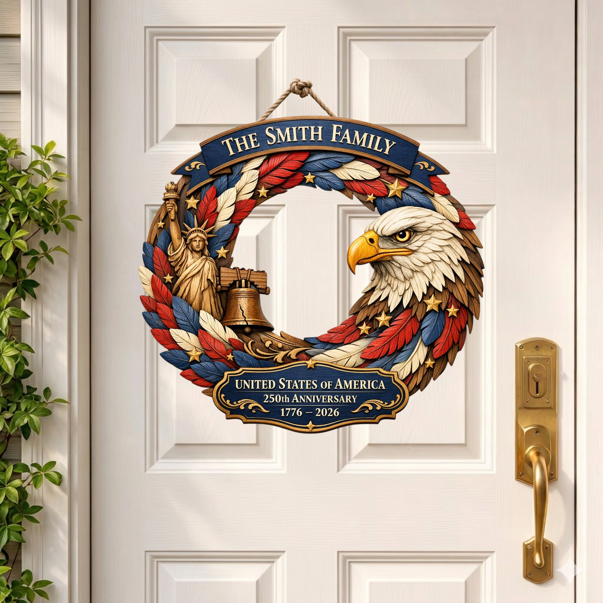 Personalized Family Name 250th Year USA Anni Wooden Wreath, Patriotic Porch Decor