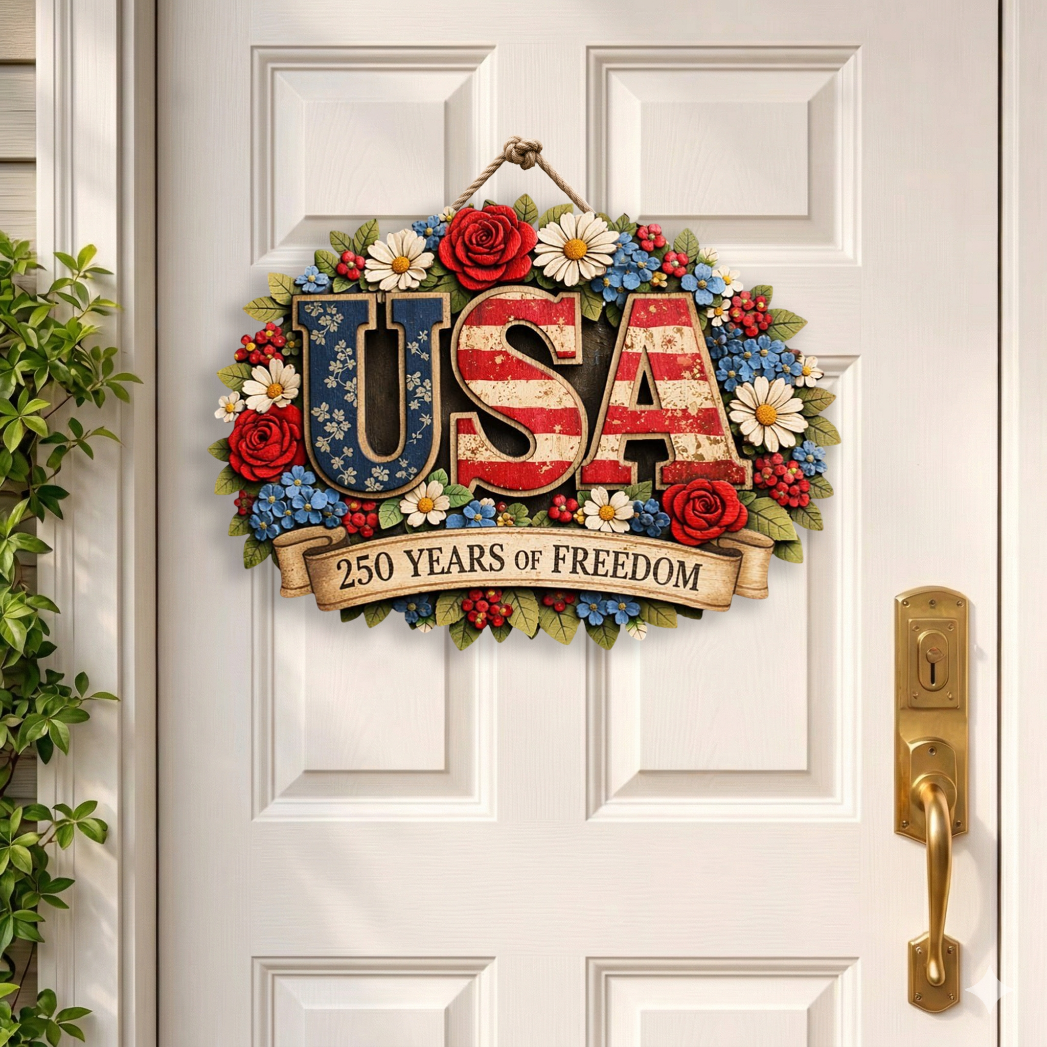 250 Years of Freedom Anniversary Floral Sign, Patriotic Door Sign Decor