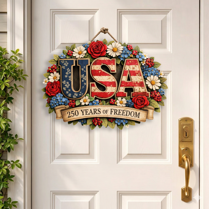 250 Years of Freedom Anniversary Floral Sign, Patriotic Door Sign Decor