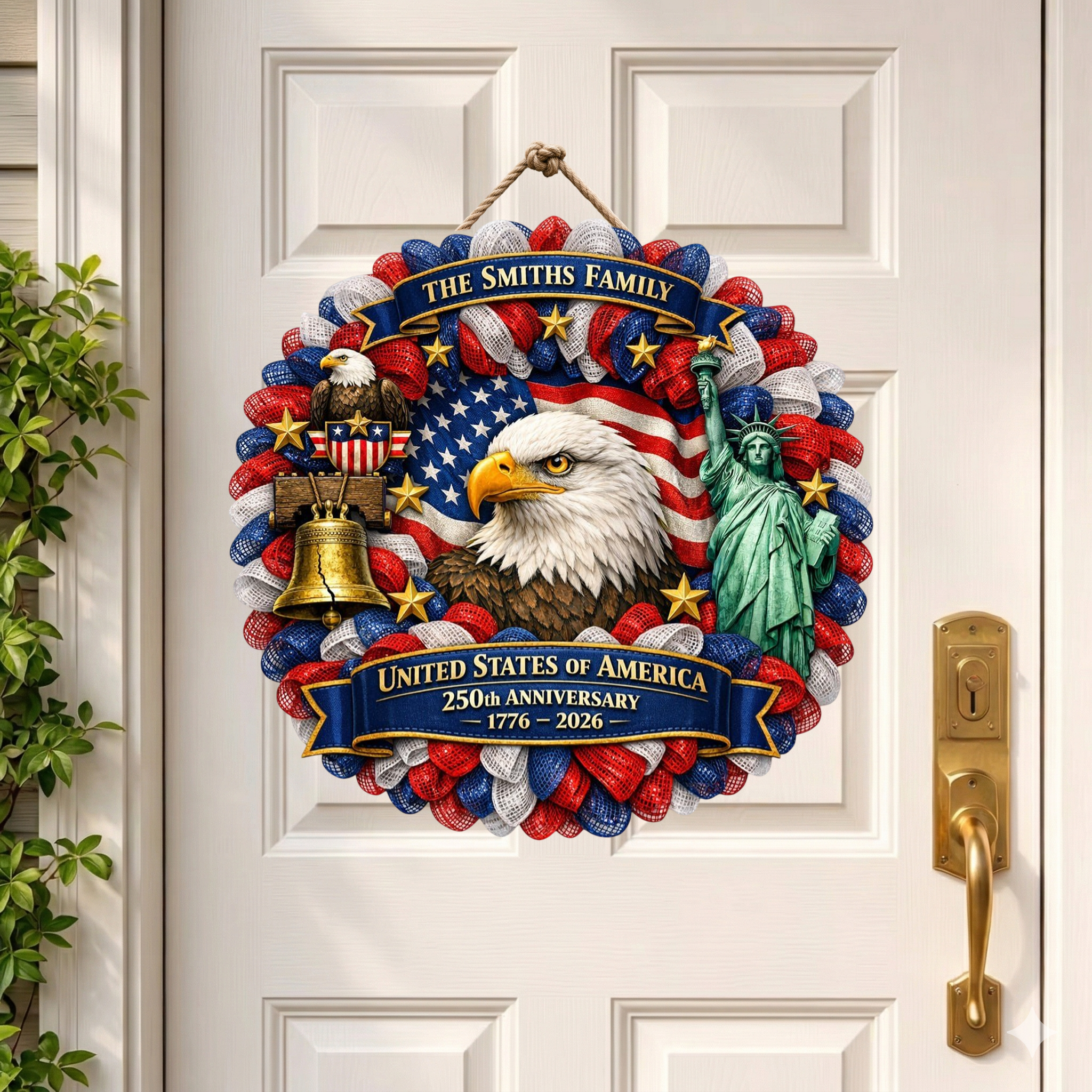 Custom Name 250th Year USA Anni Wooden Wreath, Patriotic Porch Decor