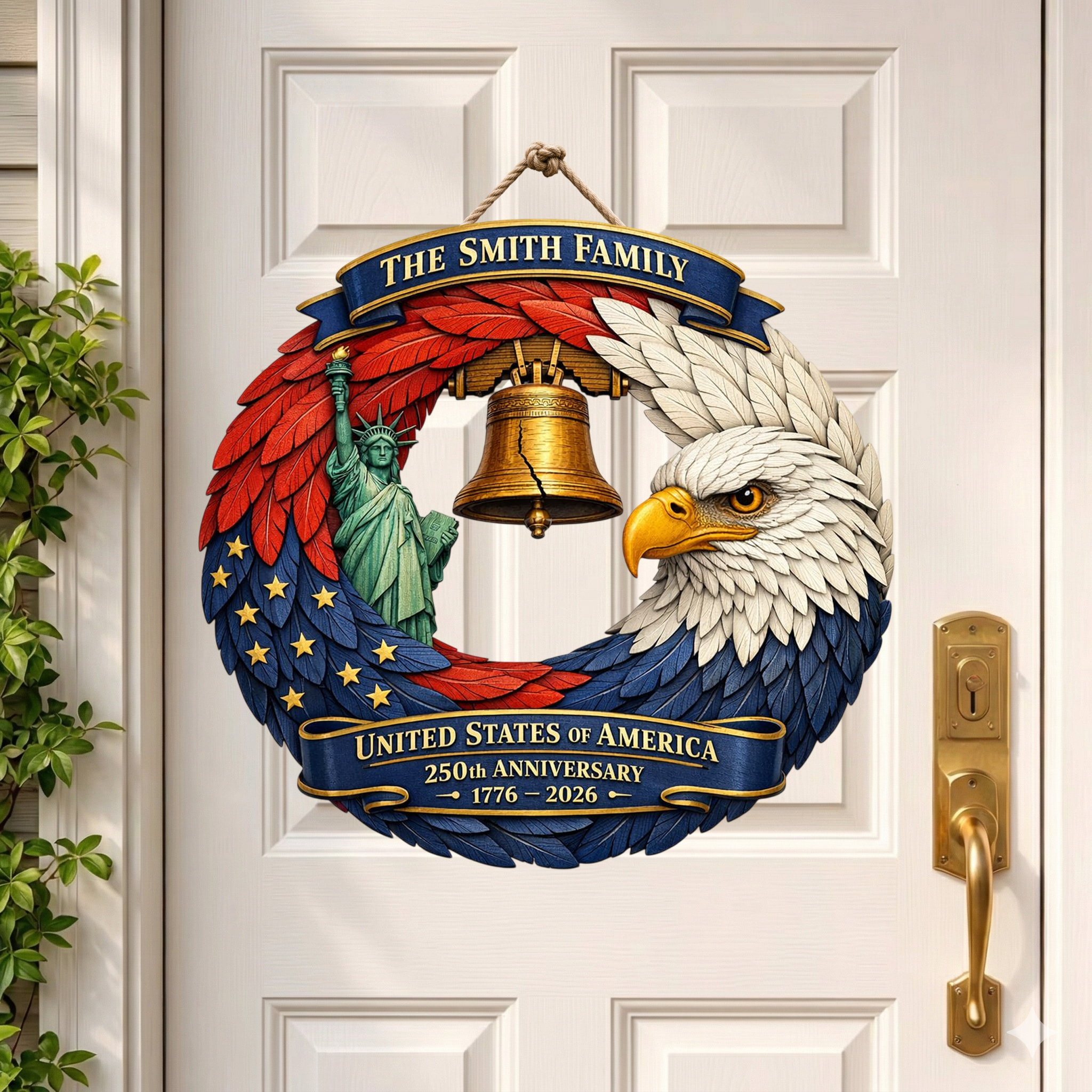 Personalized 250th Year Anniversary Bald Eagle Wooden Wreath, Patriotic Door Sign Decor