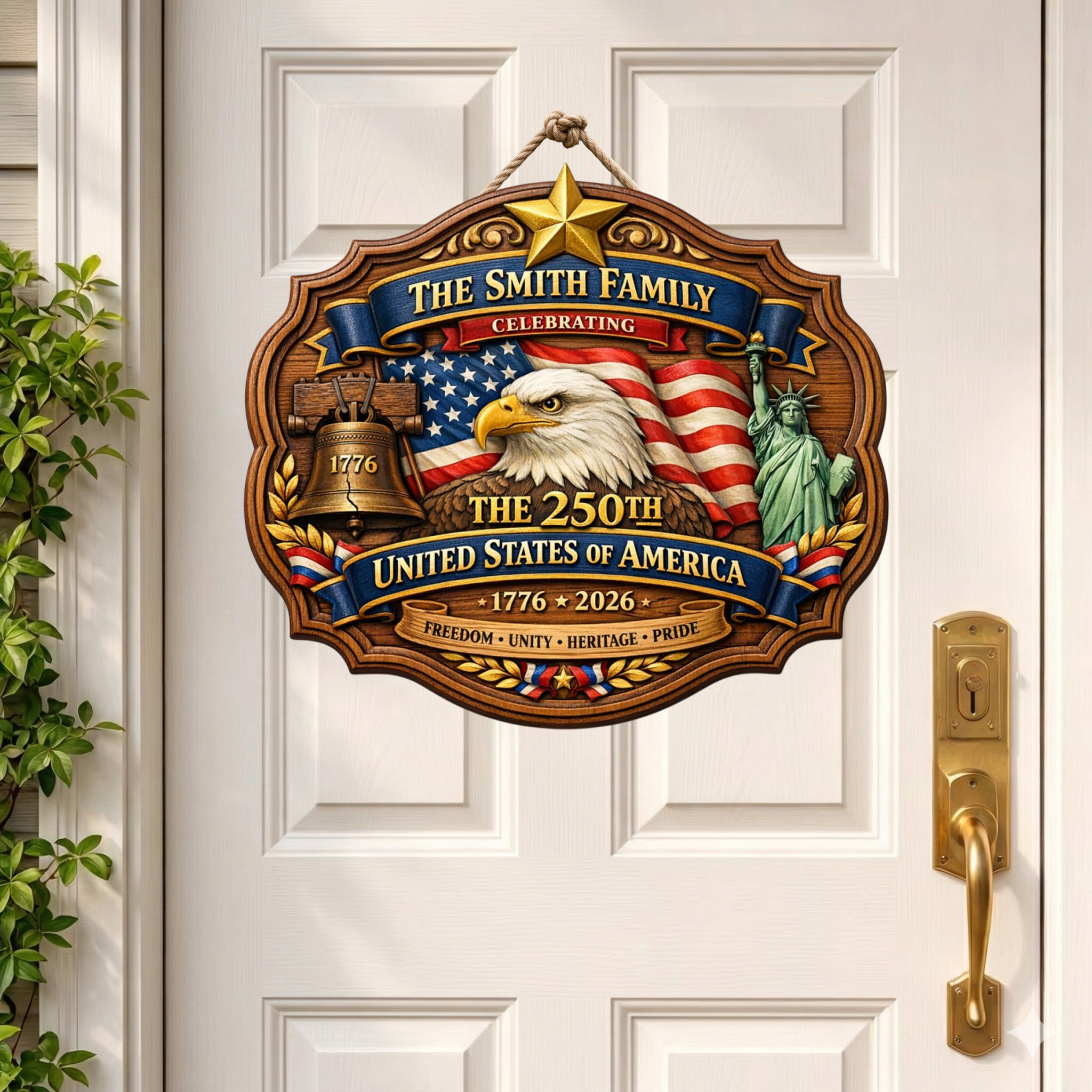 Custom Name 250th Year USA Anni Wooden Sign, Patriotic Door Sign Semiquincentennial Decor